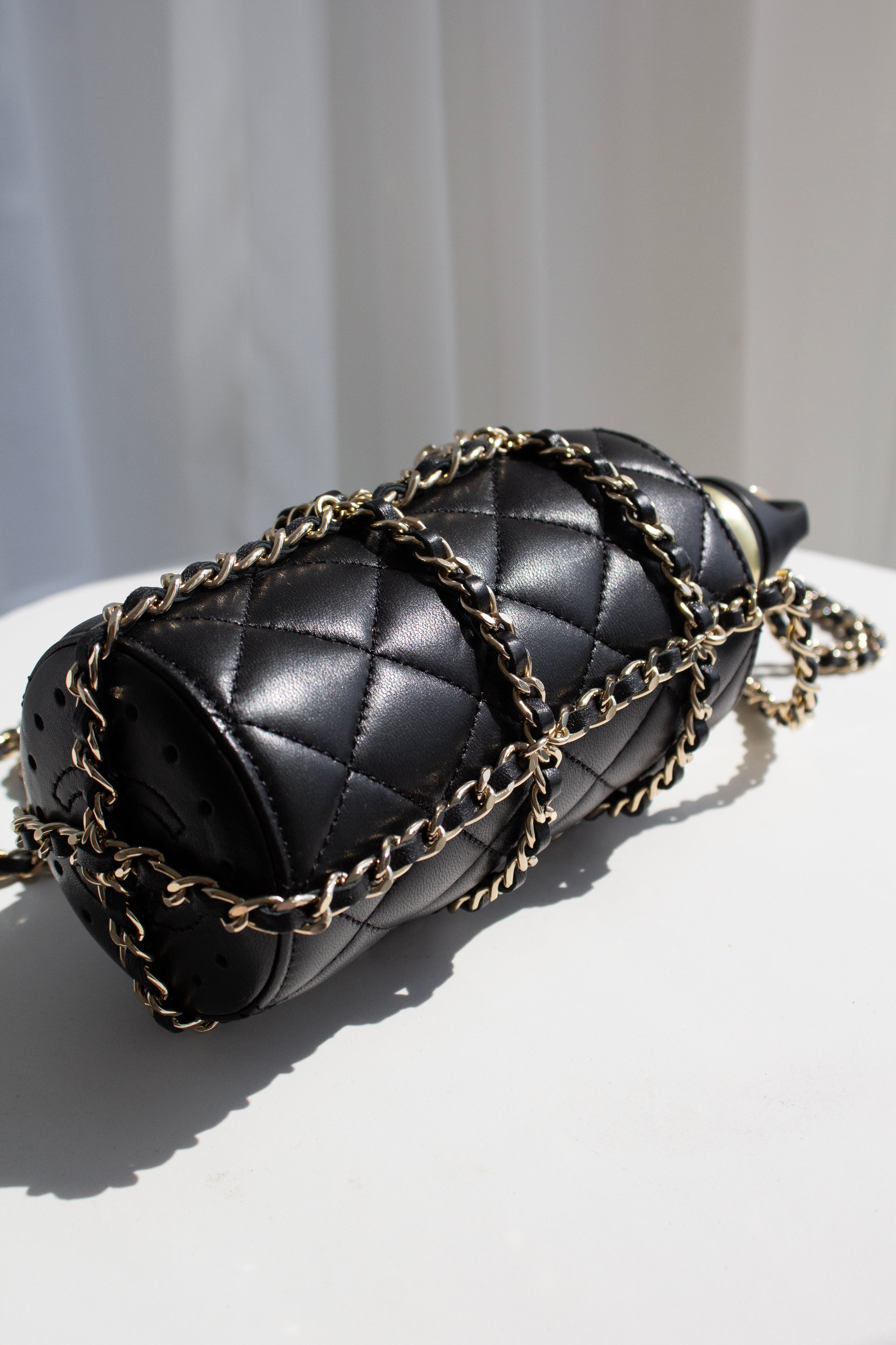 Chanel Cruise 2020 CC To Drink Black Gold Leather Water Bottle Holder