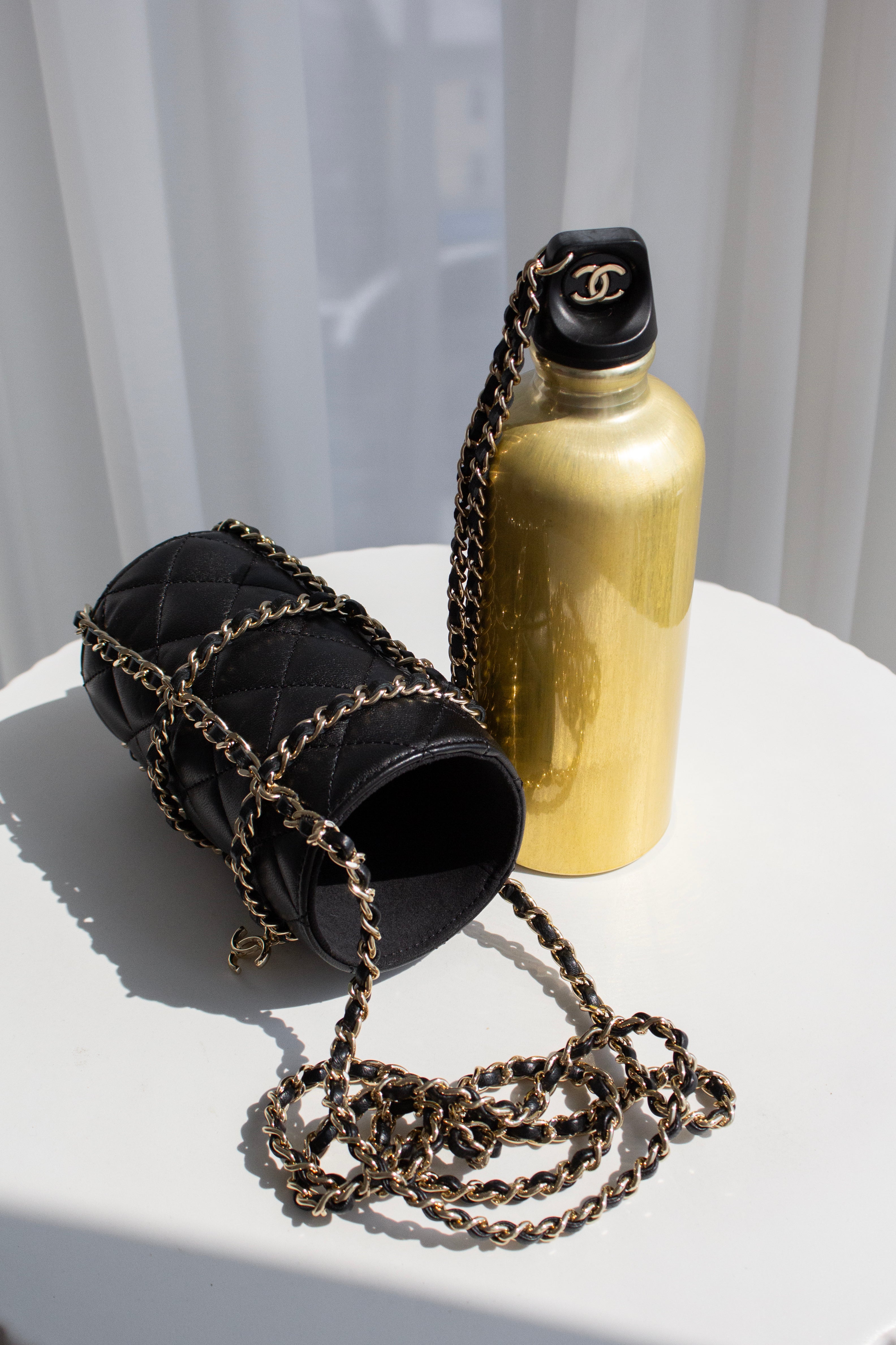 Chanel Cruise 2020 CC To Drink Black Gold Leather Water Bottle Holder