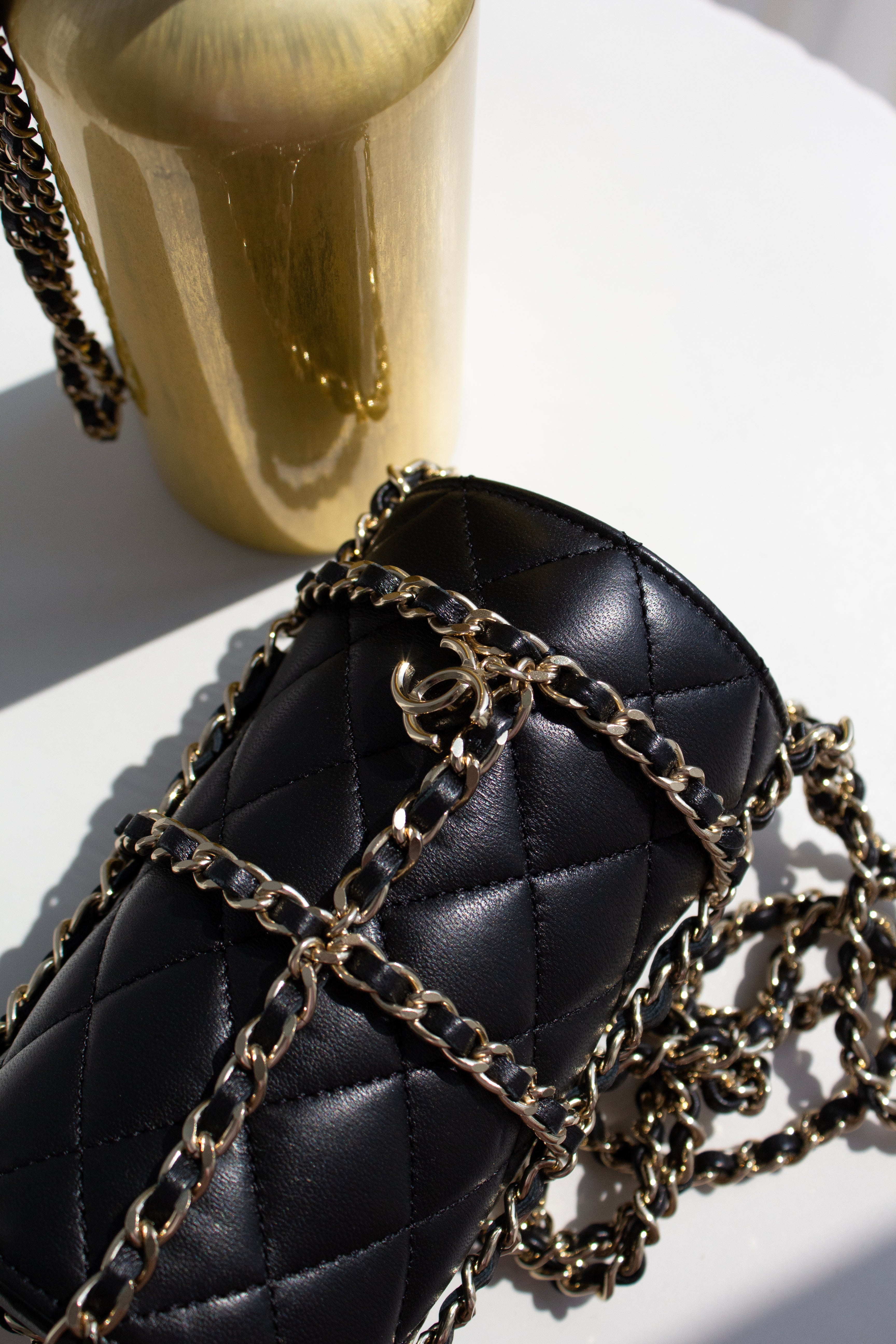 Chanel Cruise 2020 CC To Drink Black Gold Leather Water Bottle Holder