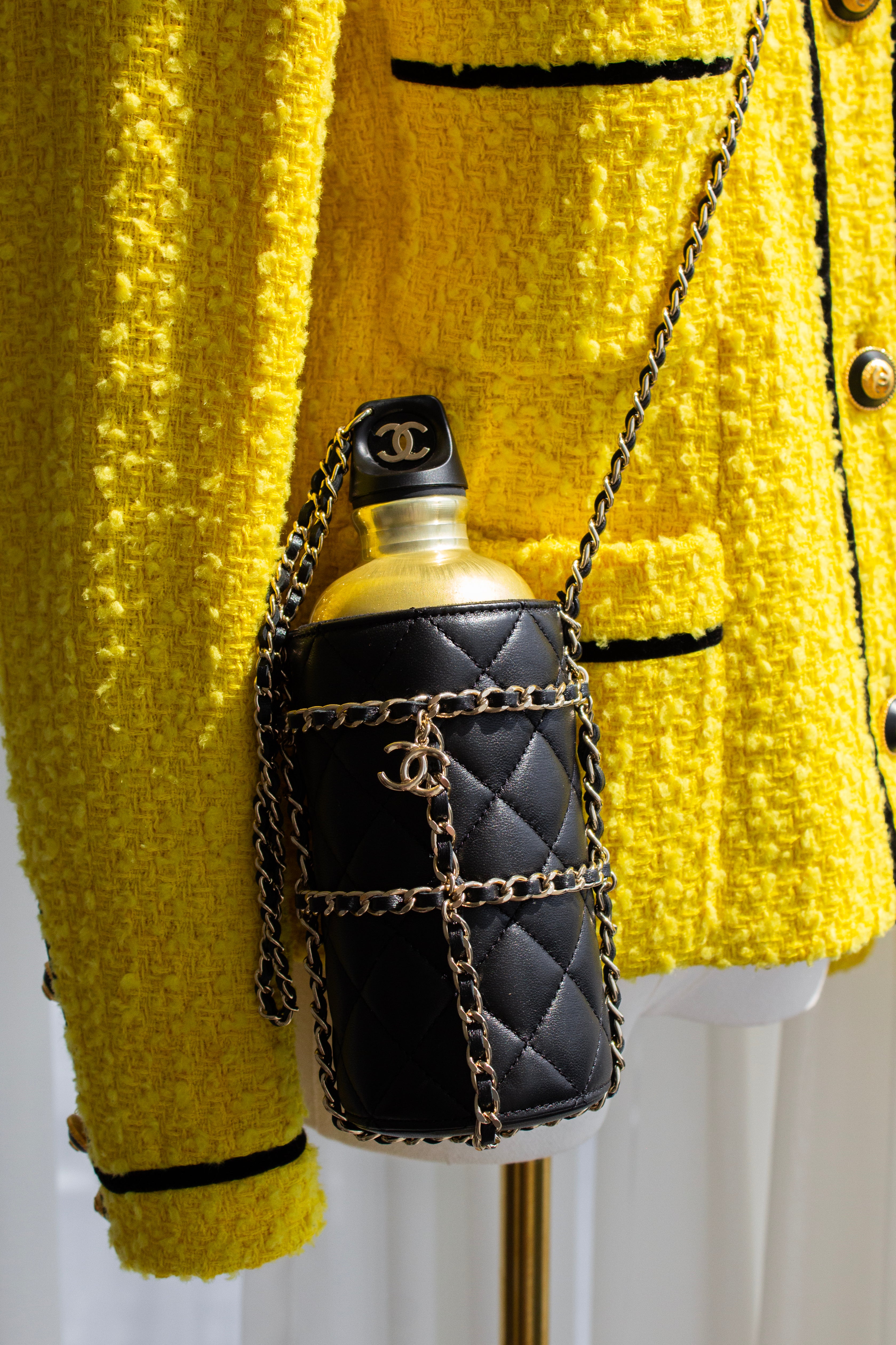 Chanel Cruise 2020 CC To Drink Black Gold Leather Water Bottle Holder