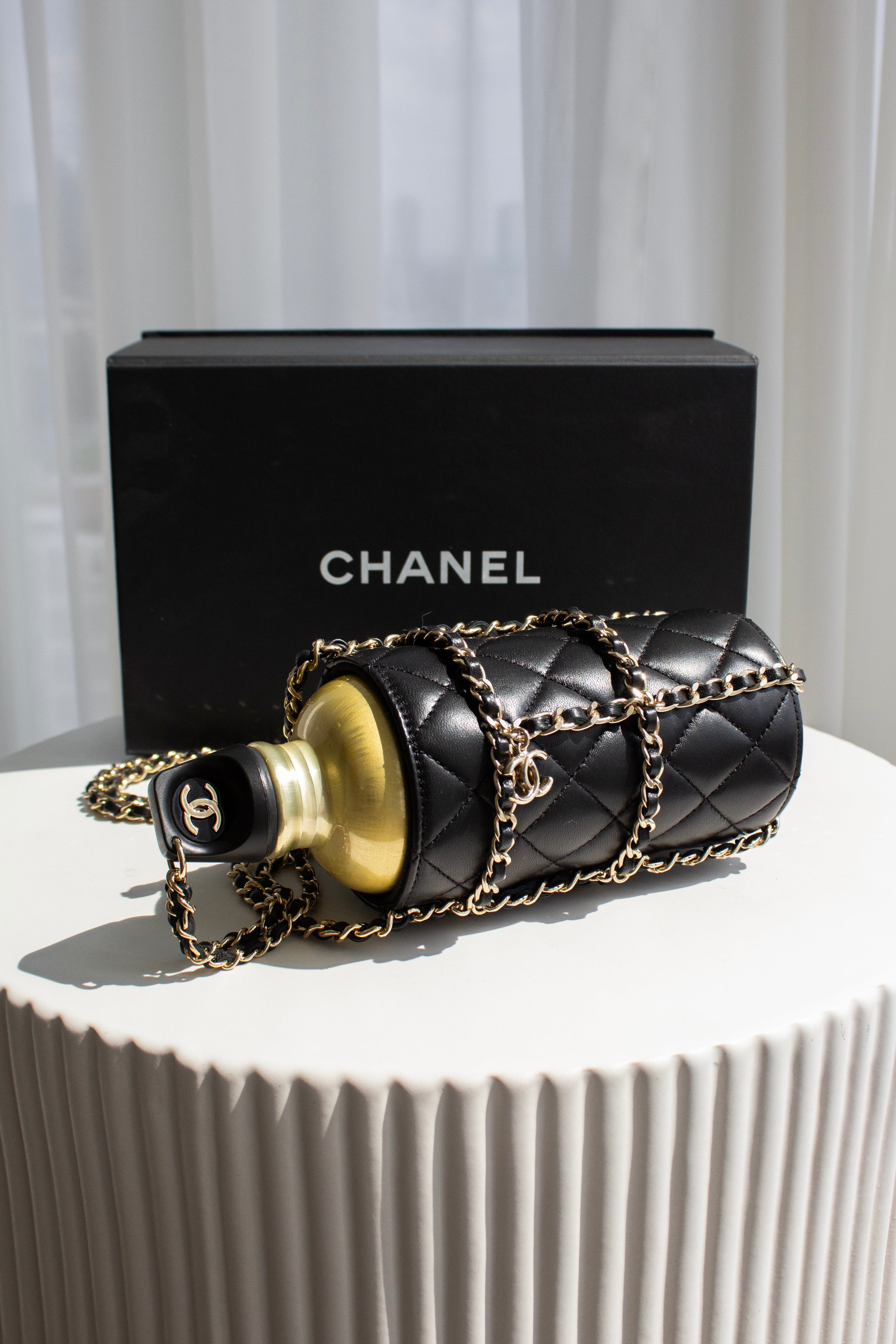 Chanel Cruise 2020 CC To Drink Black Gold Leather Water Bottle Holder