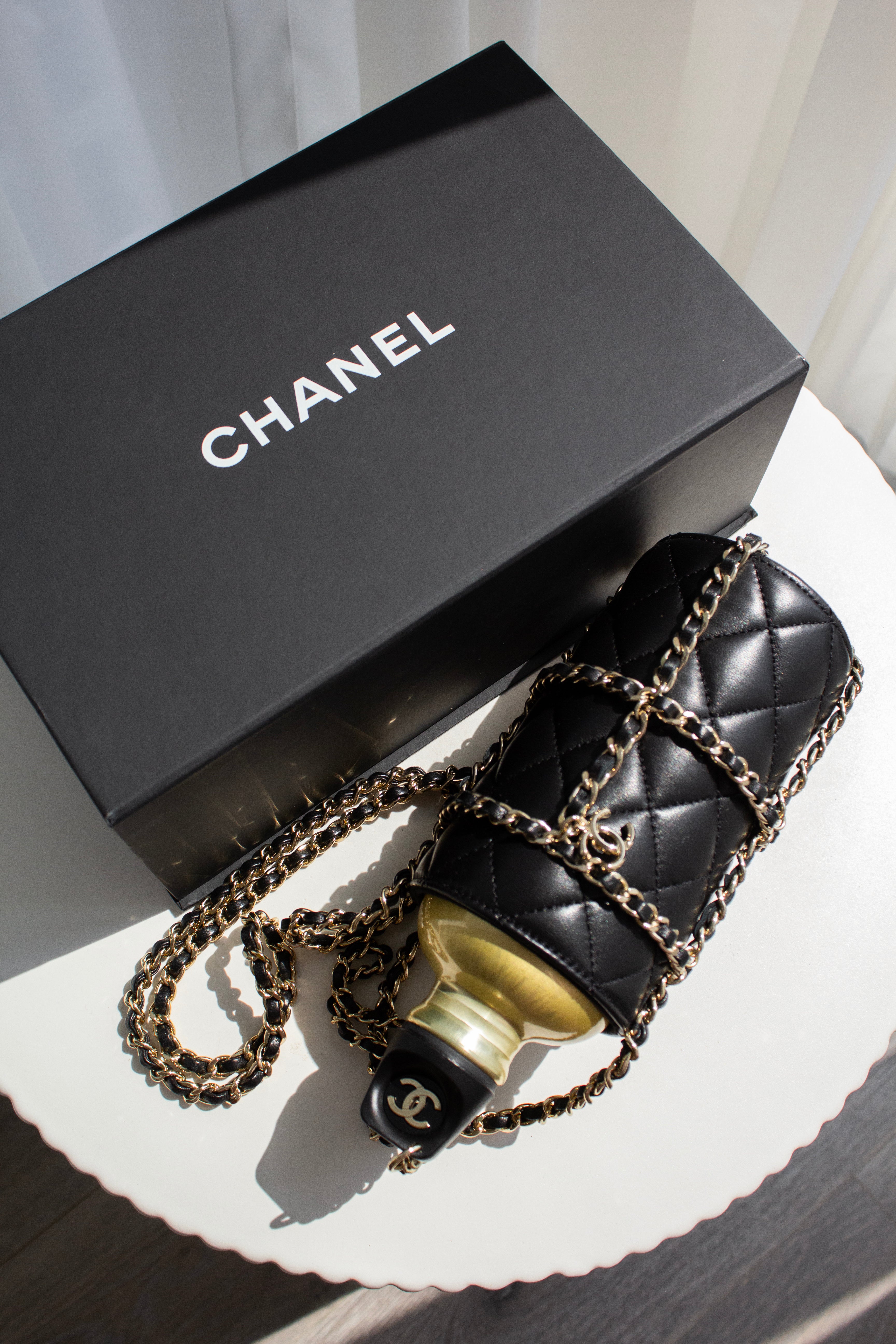 Chanel Cruise 2020 CC To Drink Black Gold Leather Water Bottle Holder