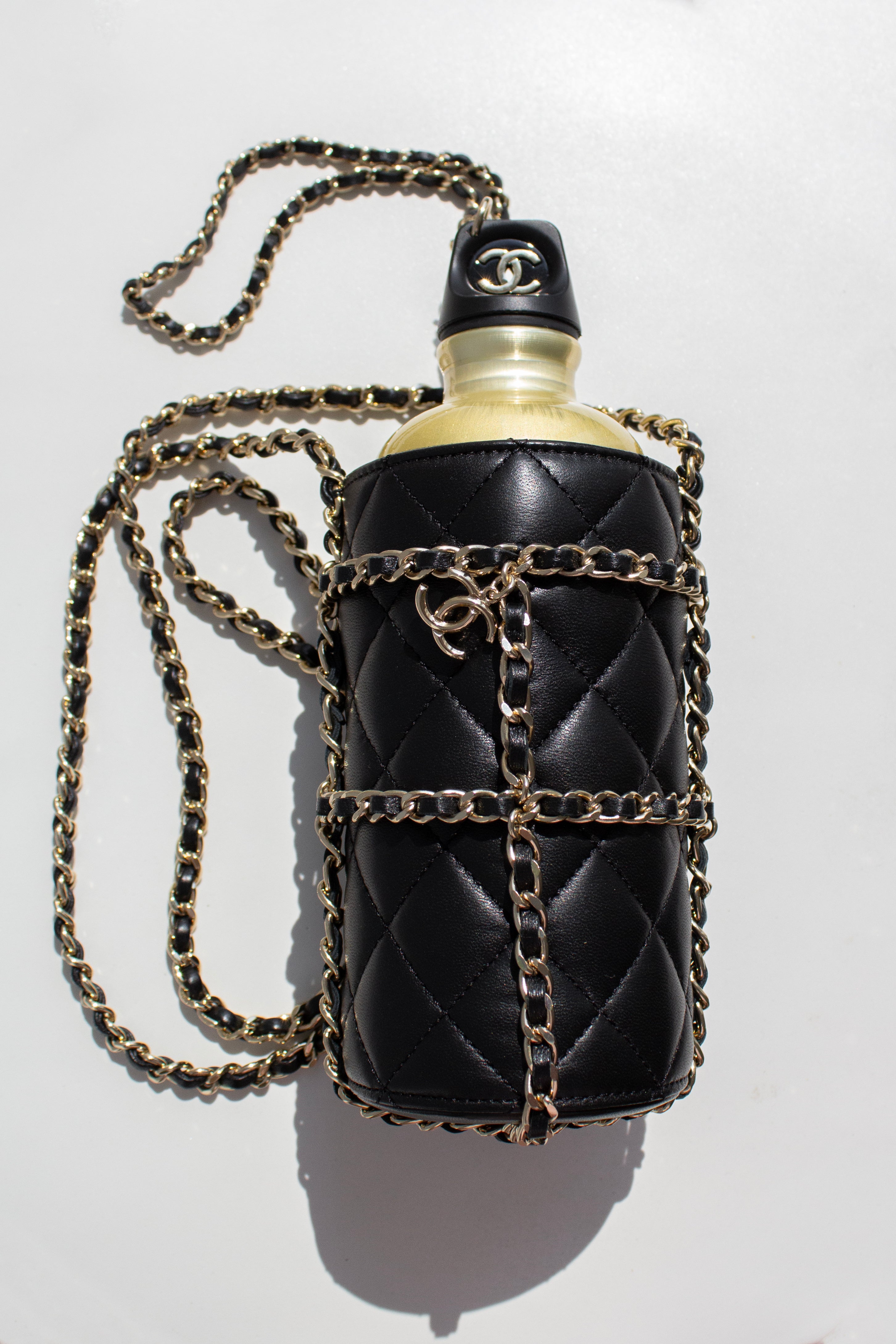 Chanel Cruise 2020 CC To Drink Black Gold Leather Water Bottle Holder