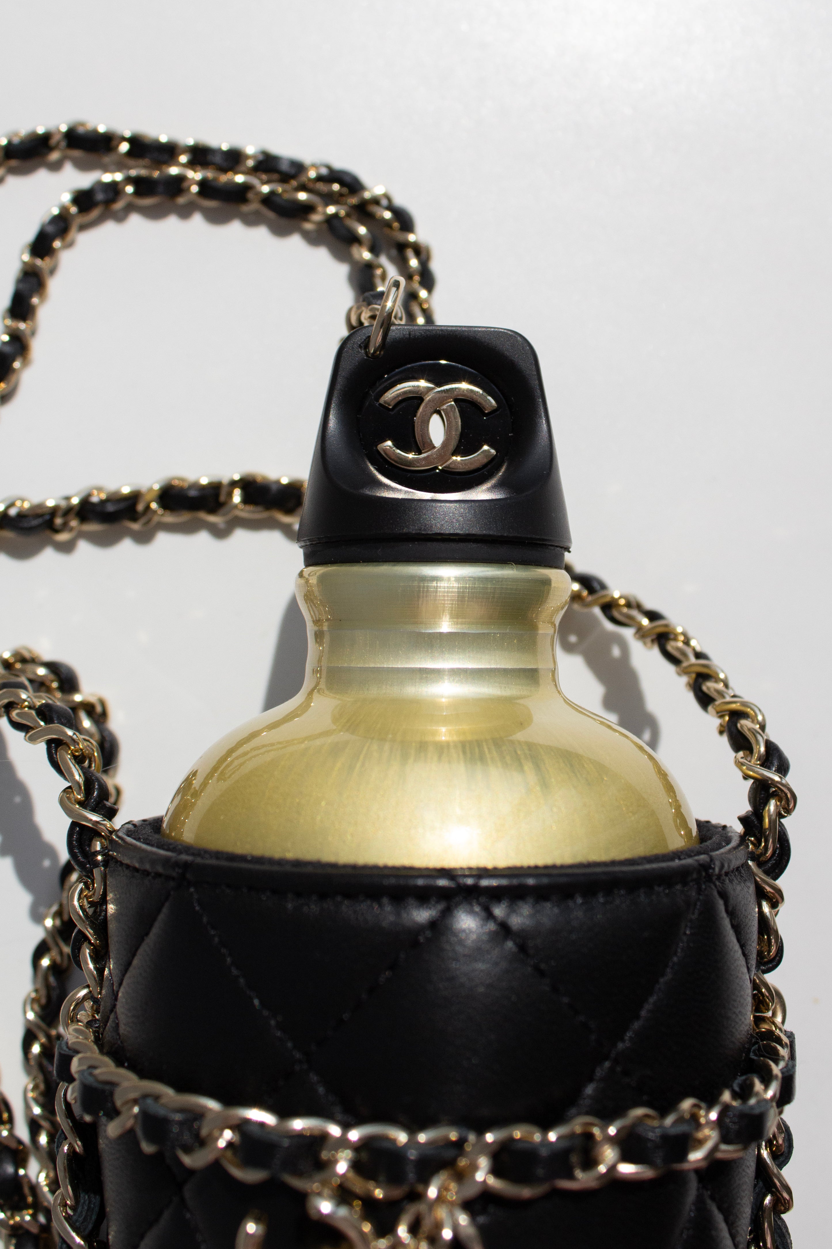 Chanel Cruise 2020 CC To Drink Black Gold Leather Water Bottle Holder