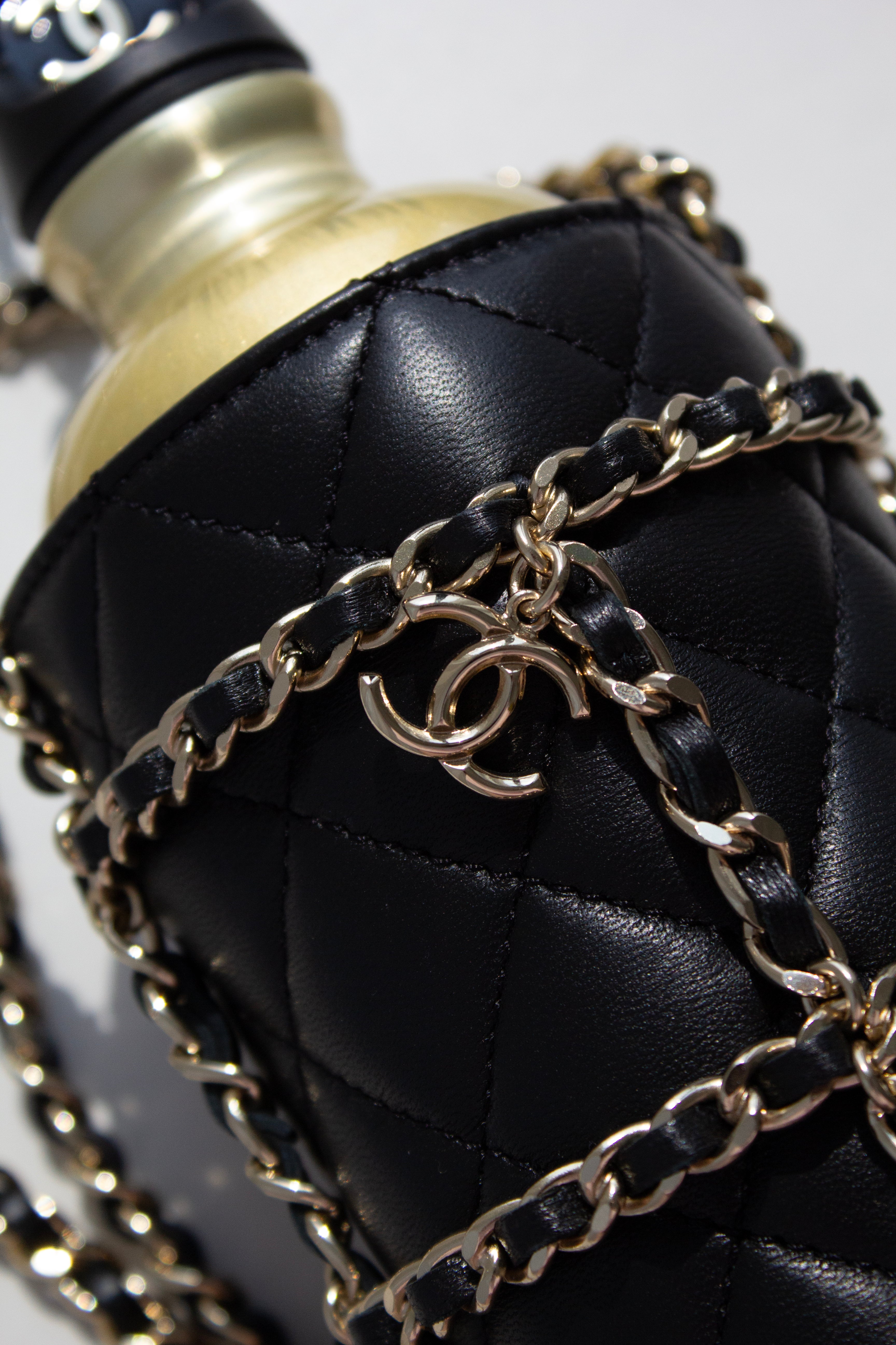Chanel Cruise 2020 CC To Drink Black Gold Leather Water Bottle Holder