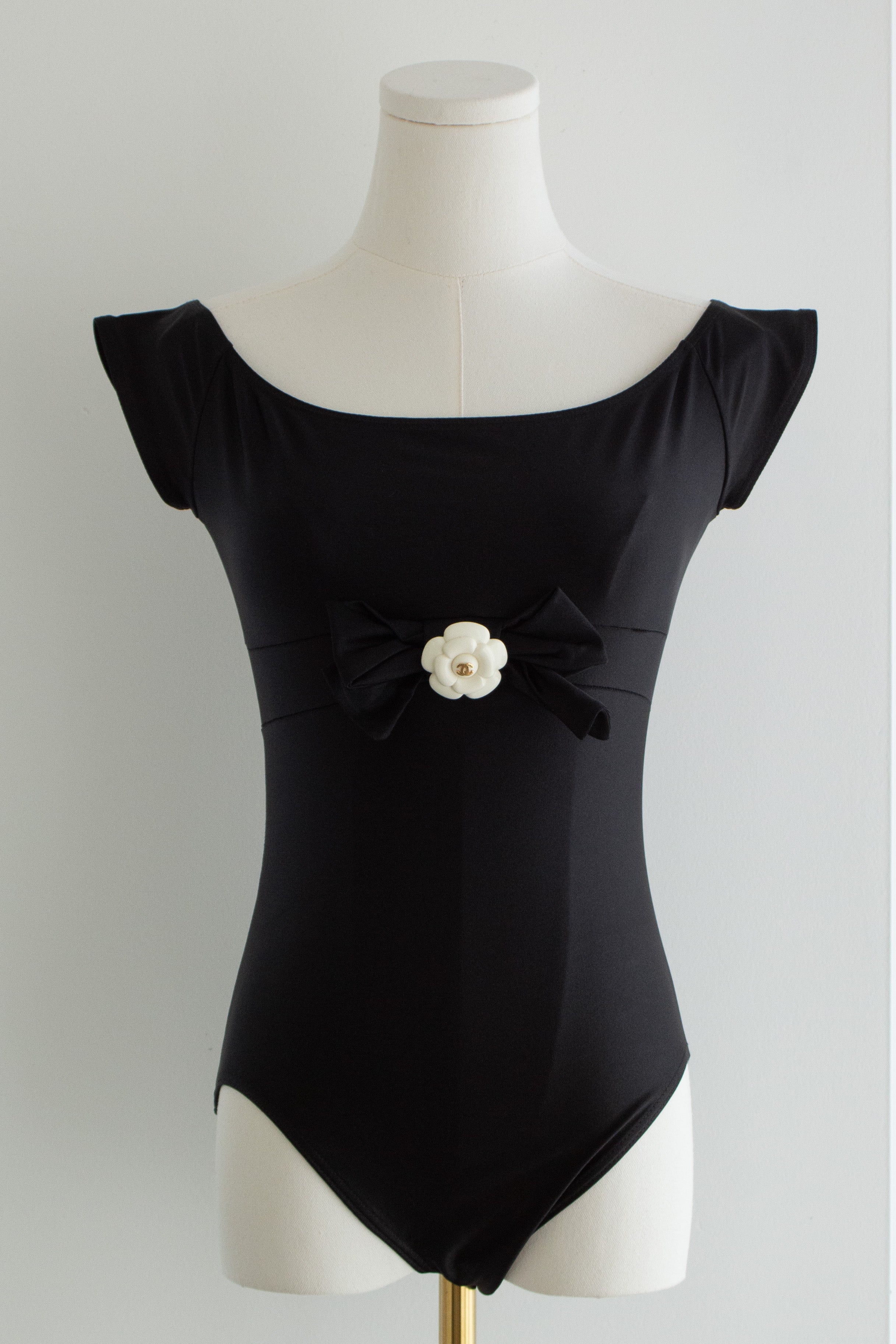 Chanel Vintage Spring/Summer 1990 Black White Camellia Flower Bow Onepiece Bodysuit Swimsuit