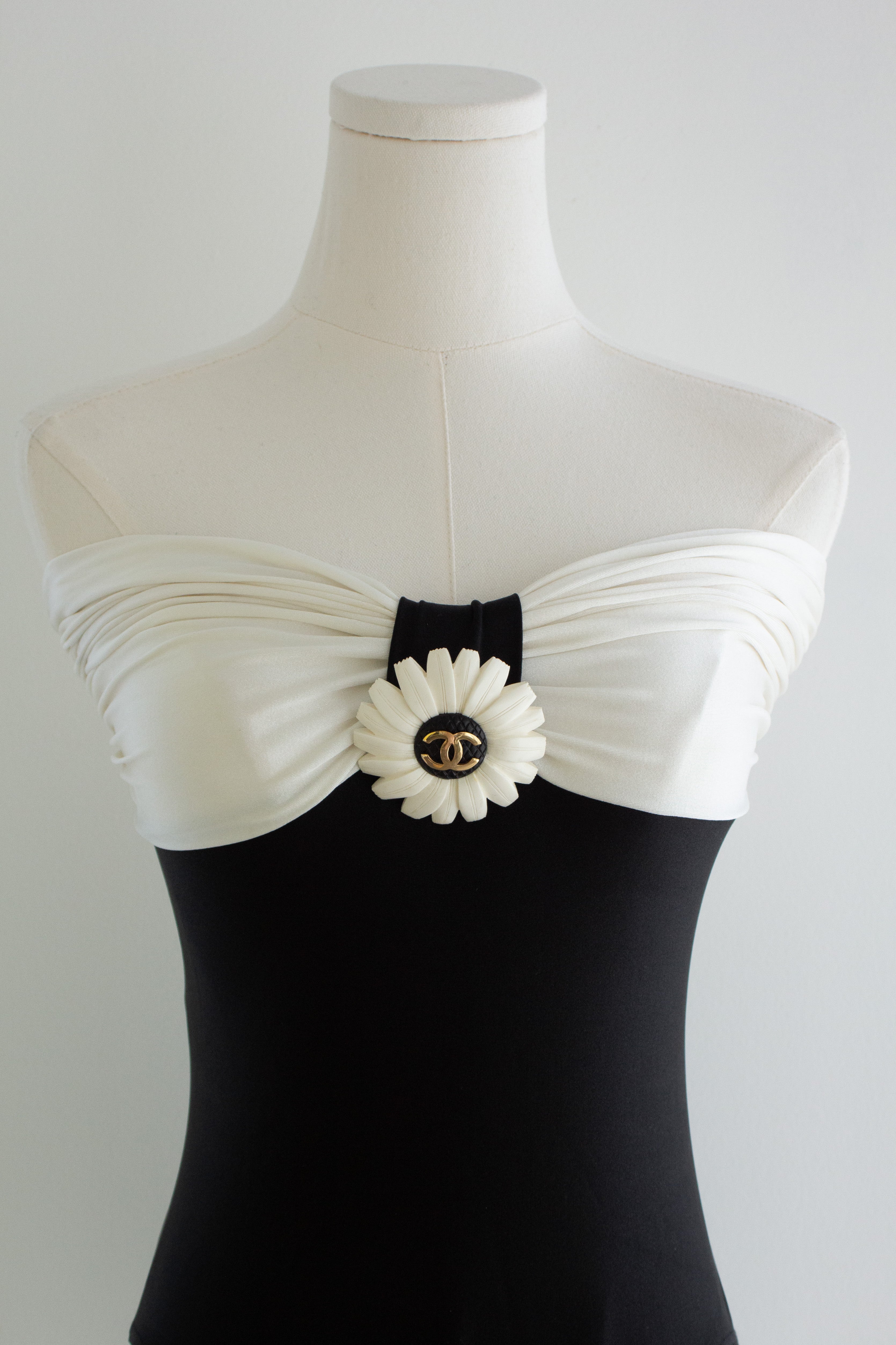 Chanel Vintage S/S 1990 Black White Flower Bodysuit Onepiece Swimsuit