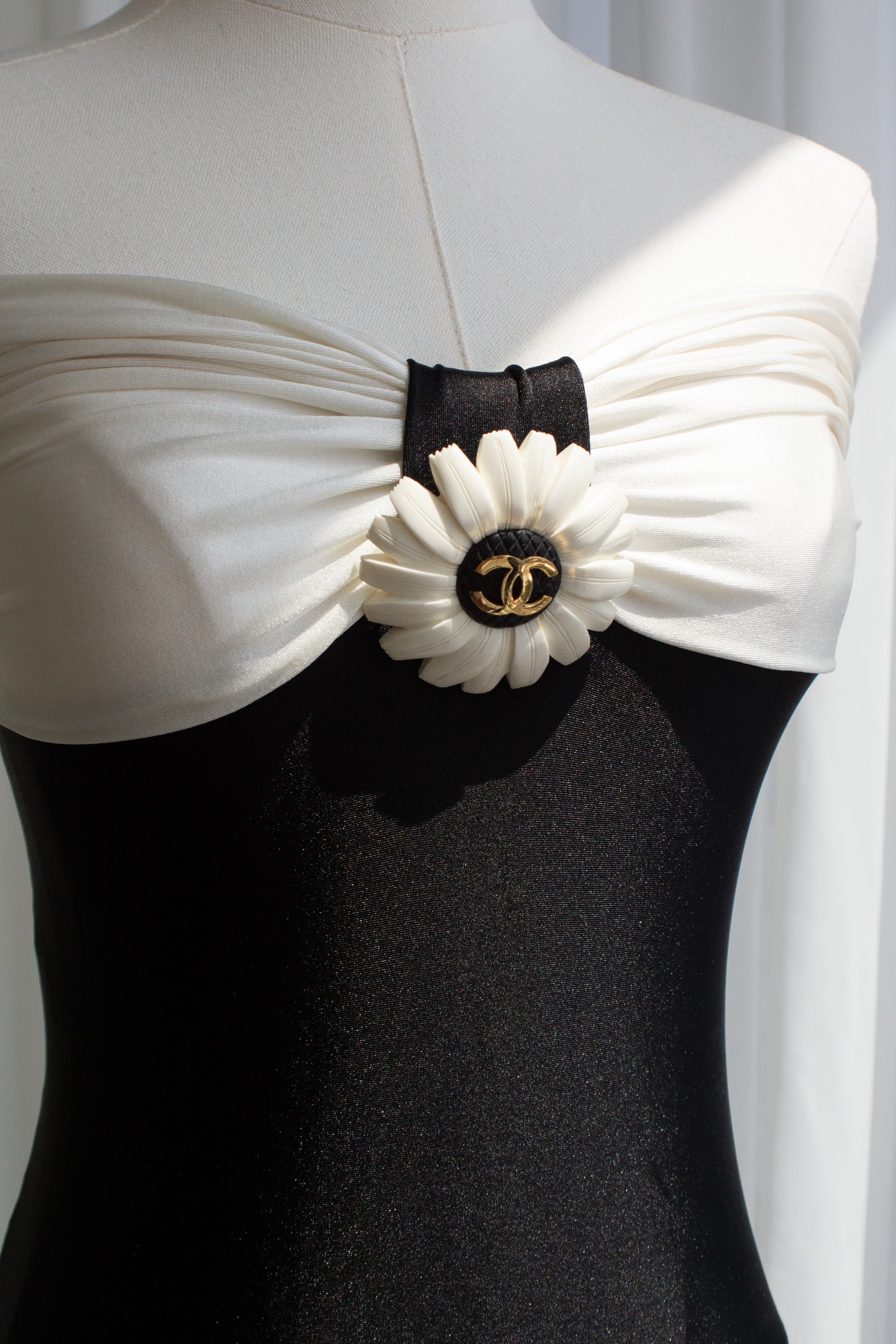 Chanel Vintage S/S 1990 Black White Flower Bodysuit Onepiece Swimsuit