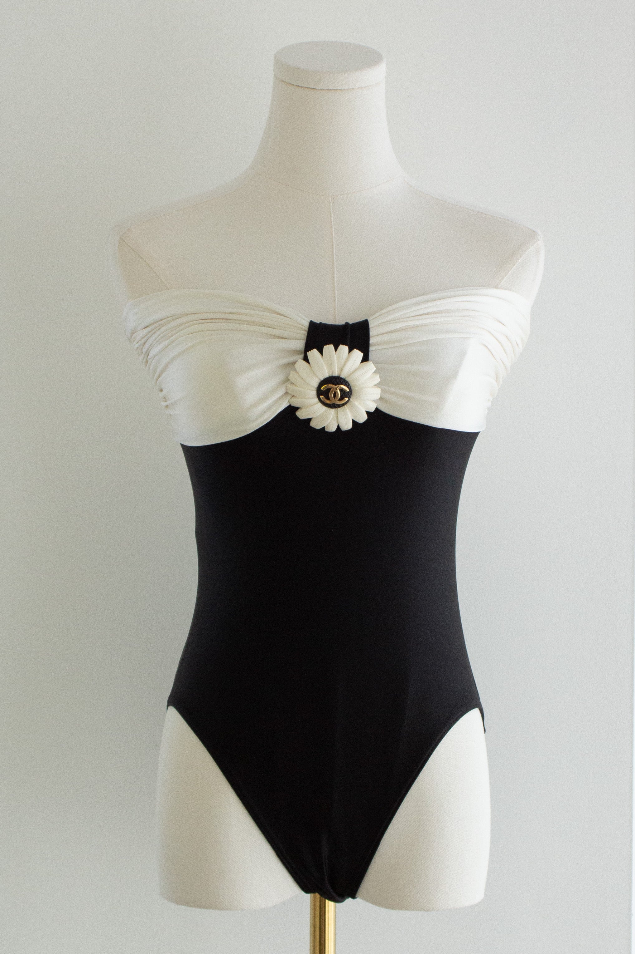 Chanel Vintage S/S 1990 Black White Flower Bodysuit Onepiece Swimsuit