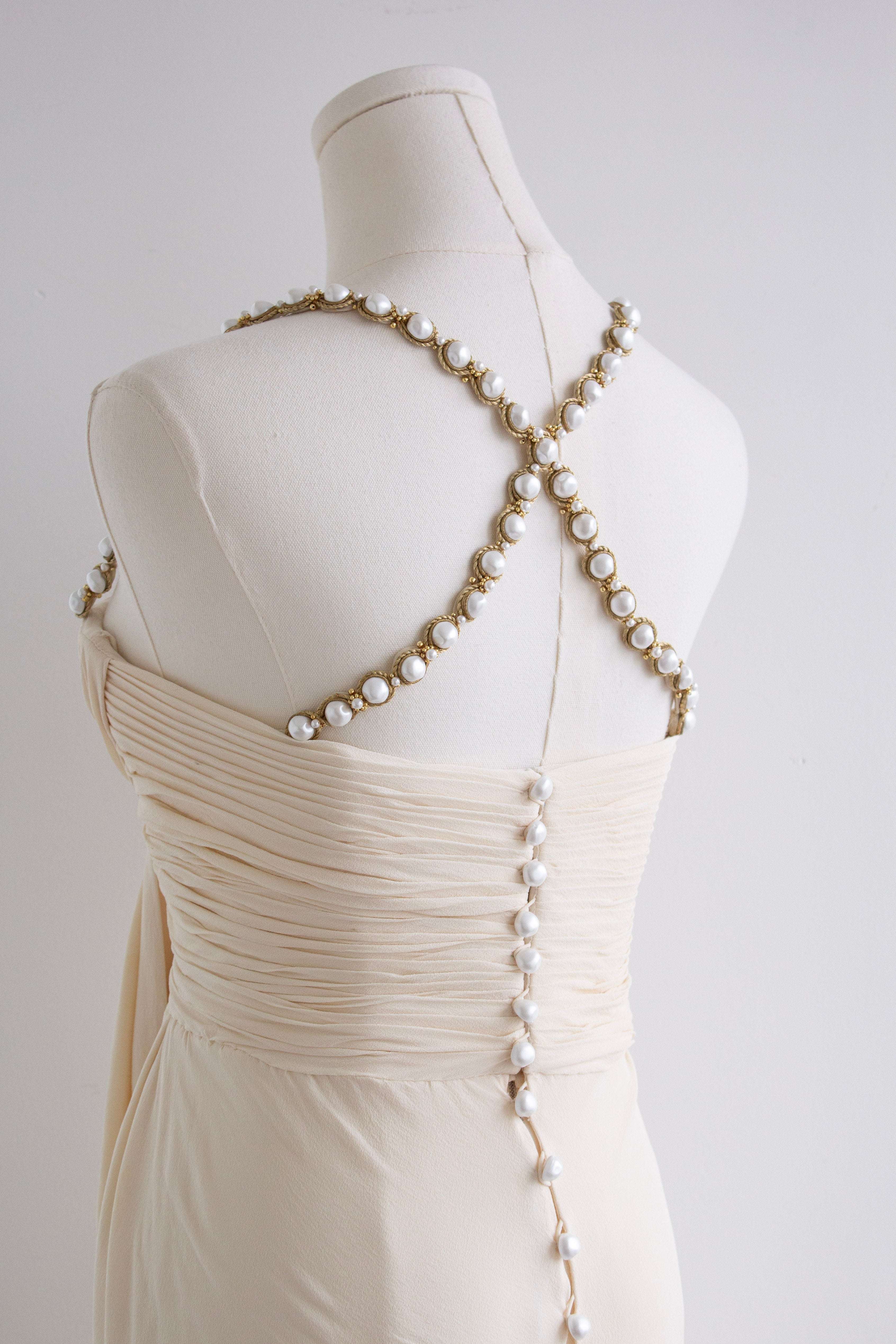 Chanel S/S 1990 Vintage Bridal Pearl Embellished Pleated Ivory Dress Gown