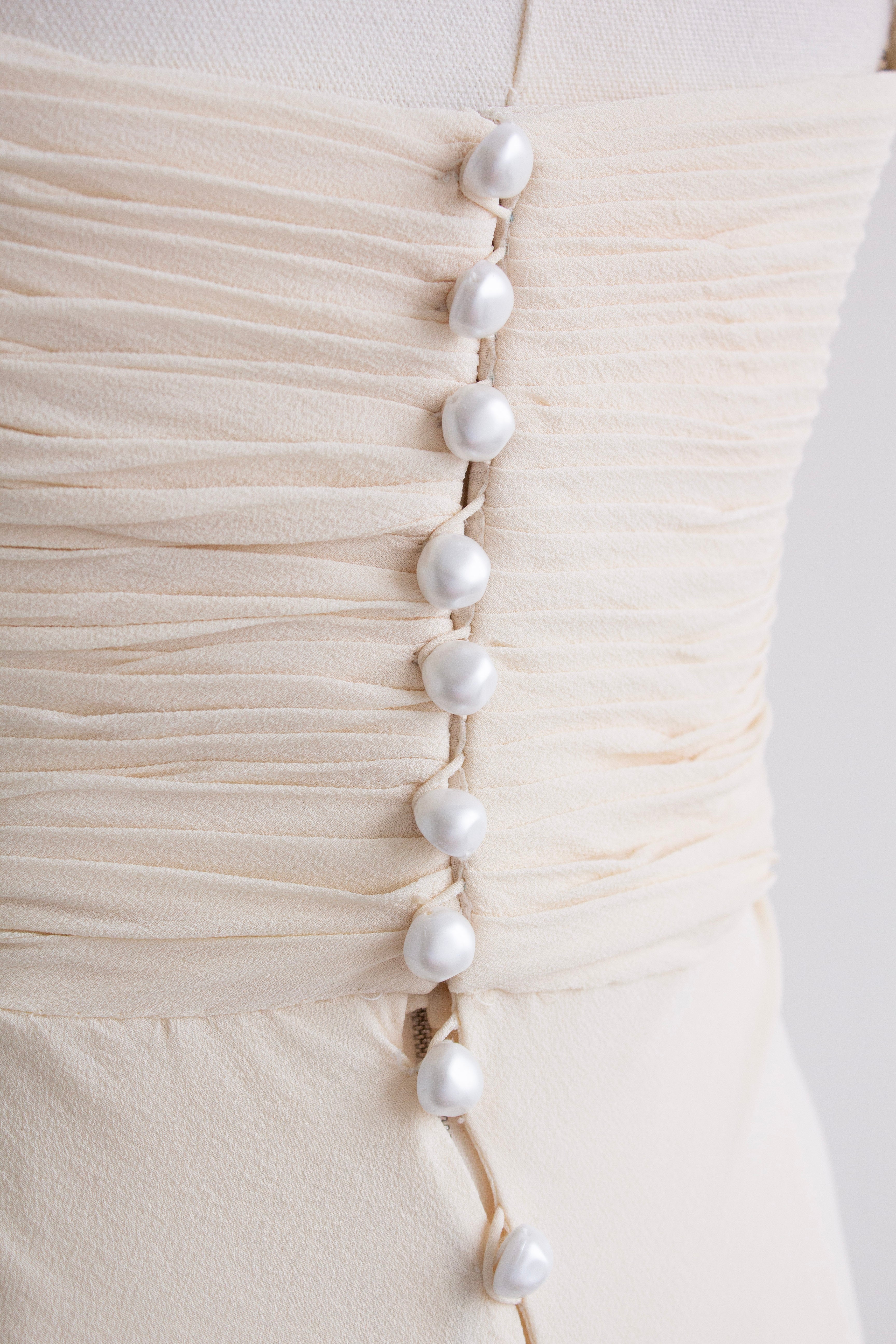 Chanel S/S 1990 Vintage Bridal Pearl Embellished Pleated Ivory Dress Gown