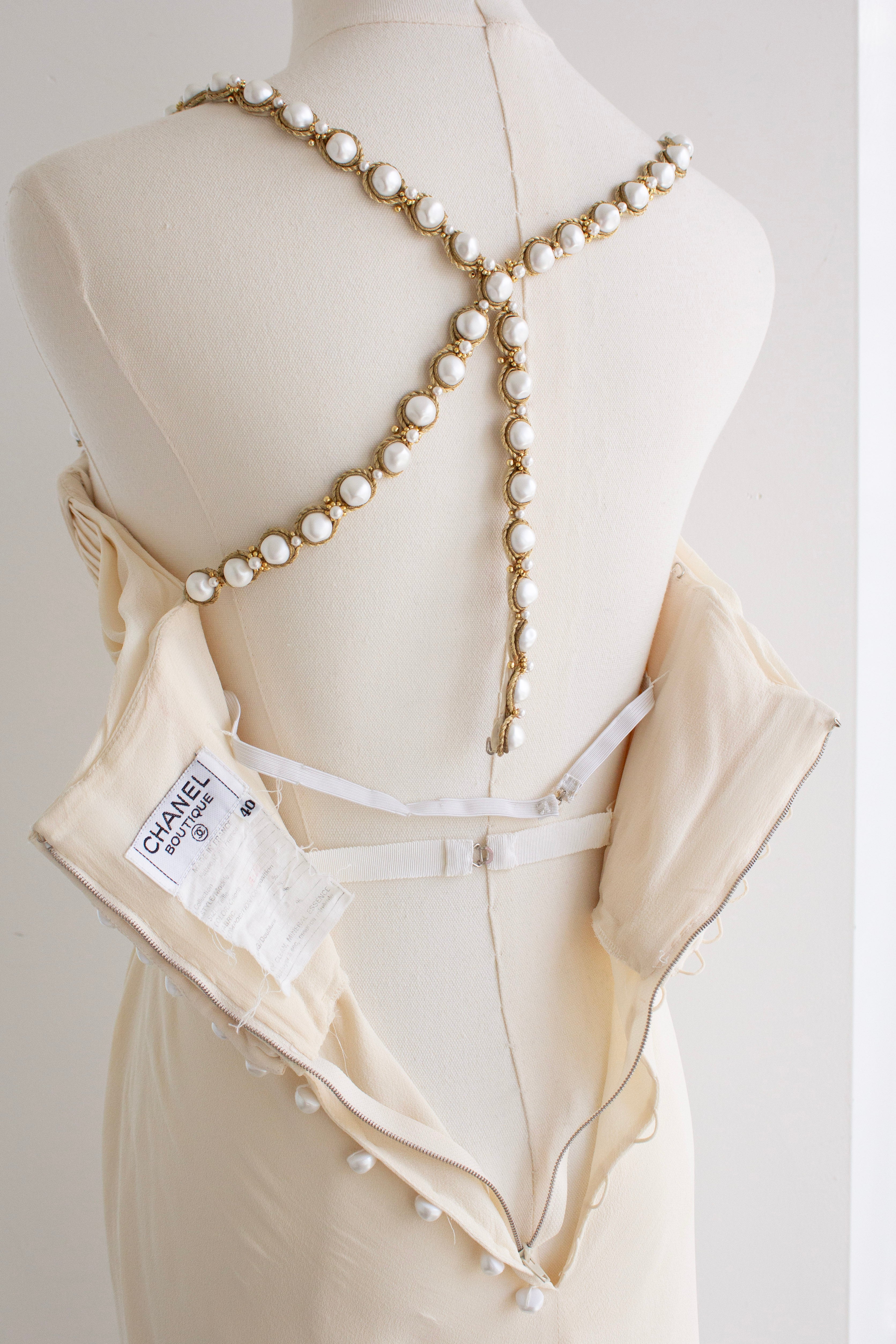 Chanel S/S 1990 Vintage Bridal Pearl Embellished Pleated Ivory Dress Gown