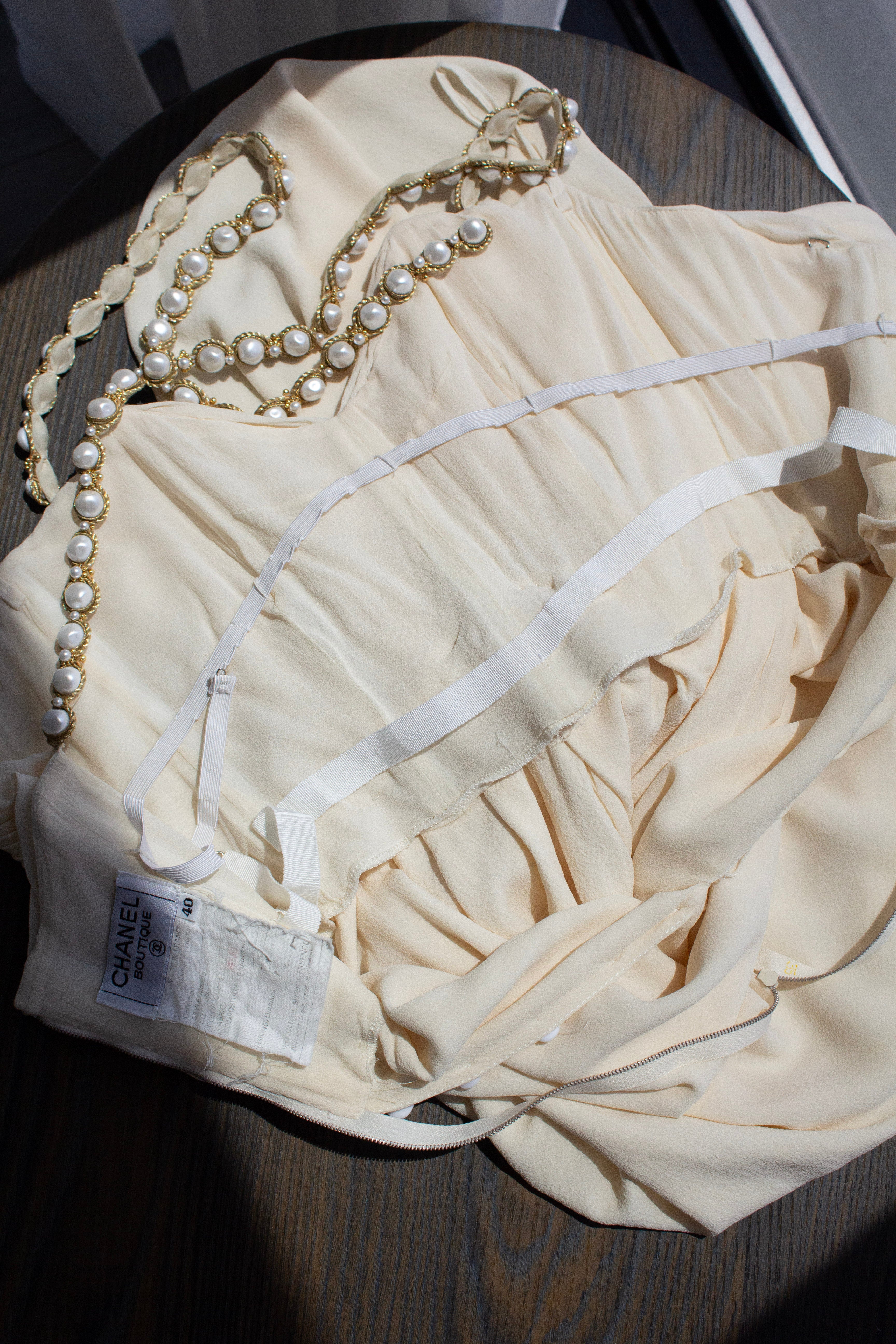 Chanel S/S 1990 Vintage Bridal Pearl Embellished Pleated Ivory Dress Gown
