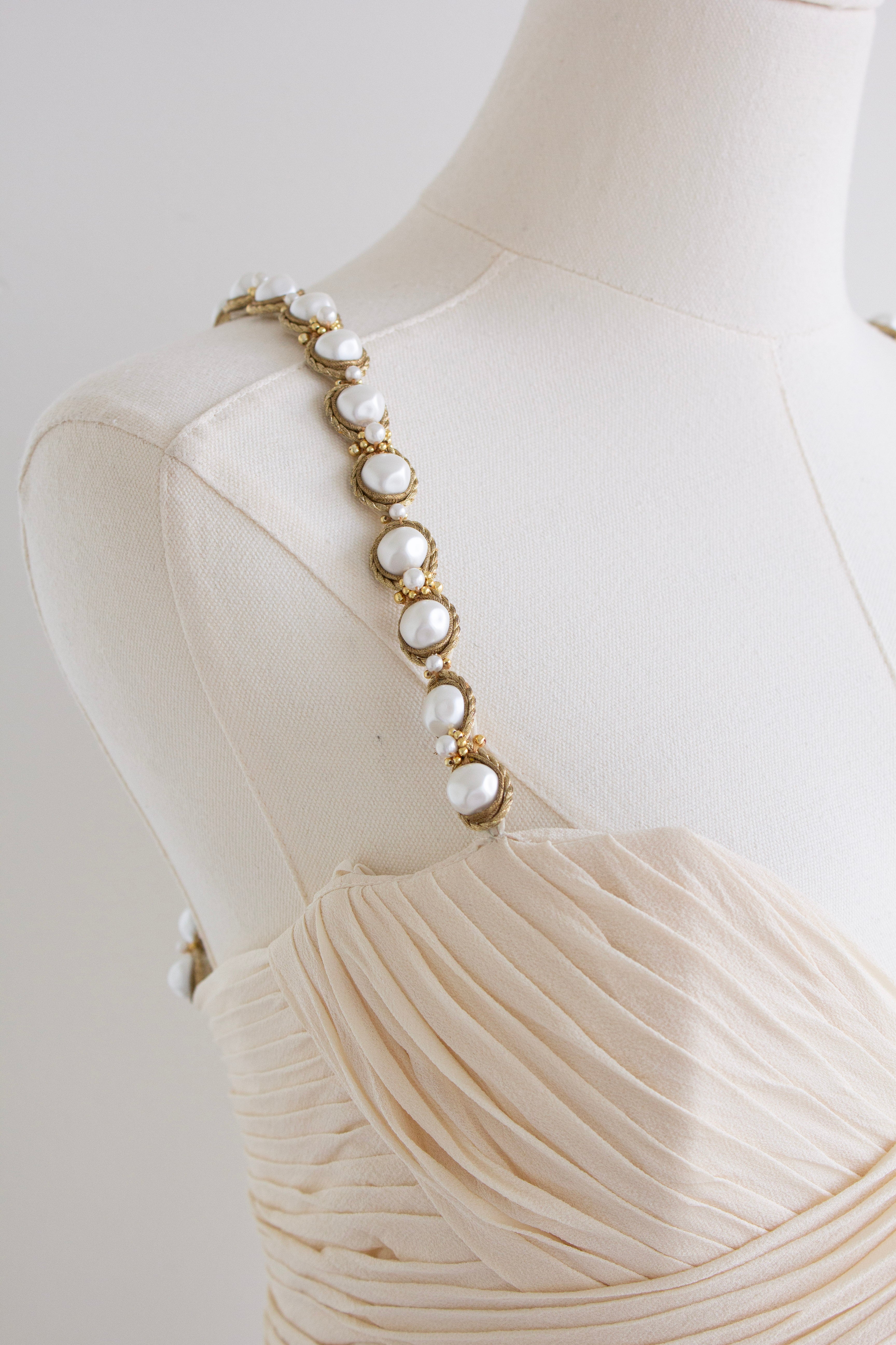 Chanel S/S 1990 Vintage Bridal Pearl Embellished Pleated Ivory Dress Gown