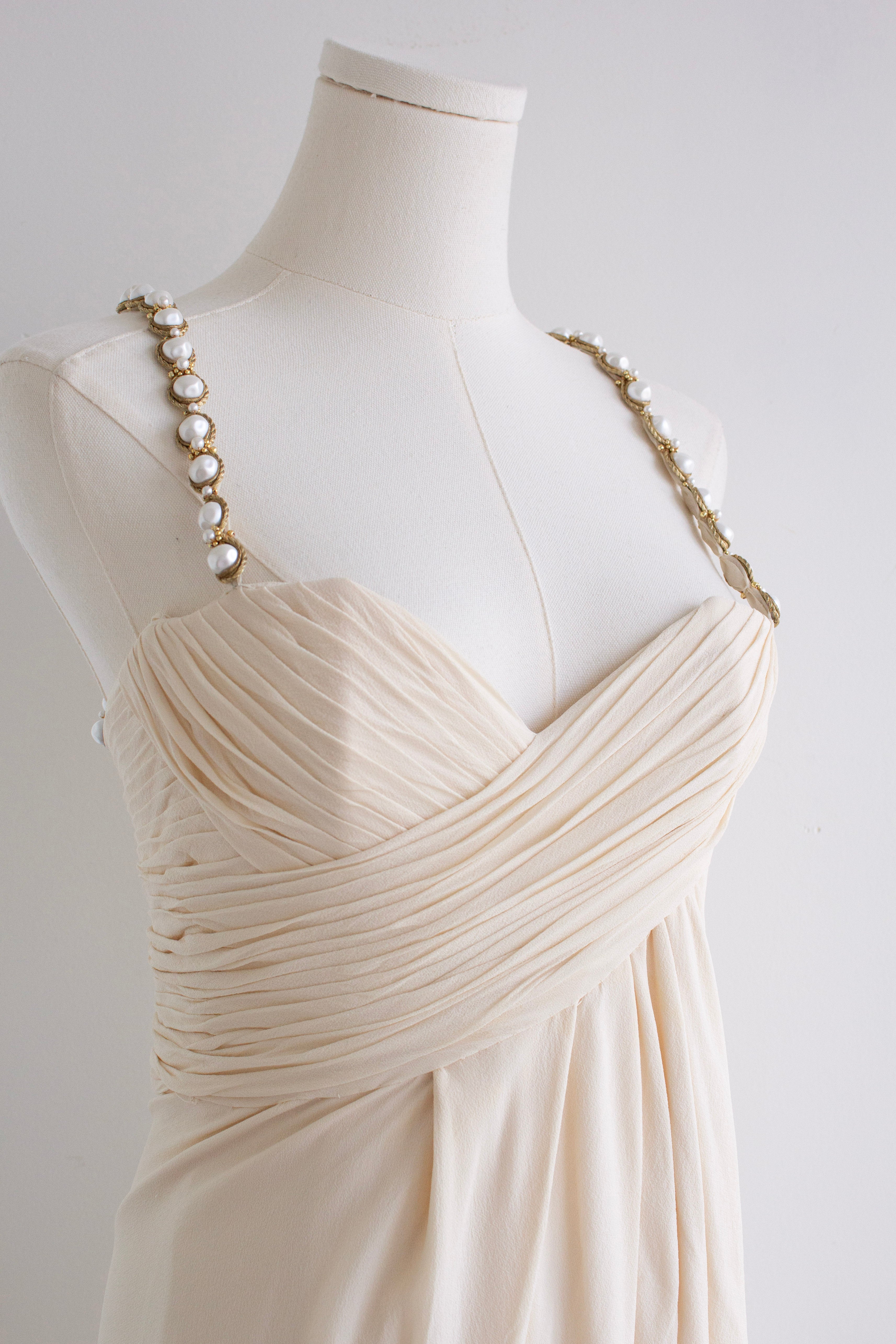 Chanel S/S 1990 Vintage Bridal Pearl Embellished Pleated Ivory Dress Gown