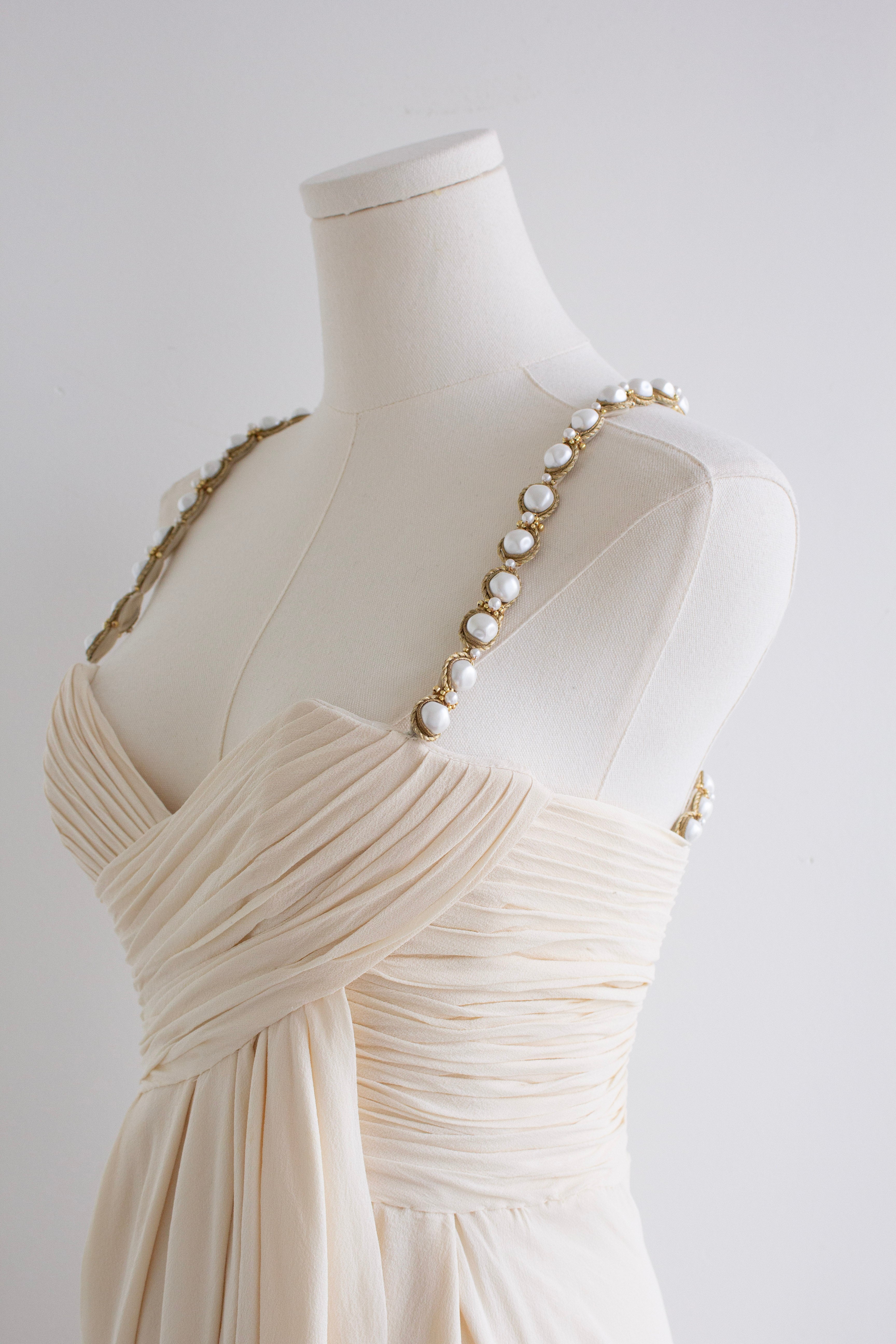 Chanel S/S 1990 Vintage Bridal Pearl Embellished Pleated Ivory Dress Gown