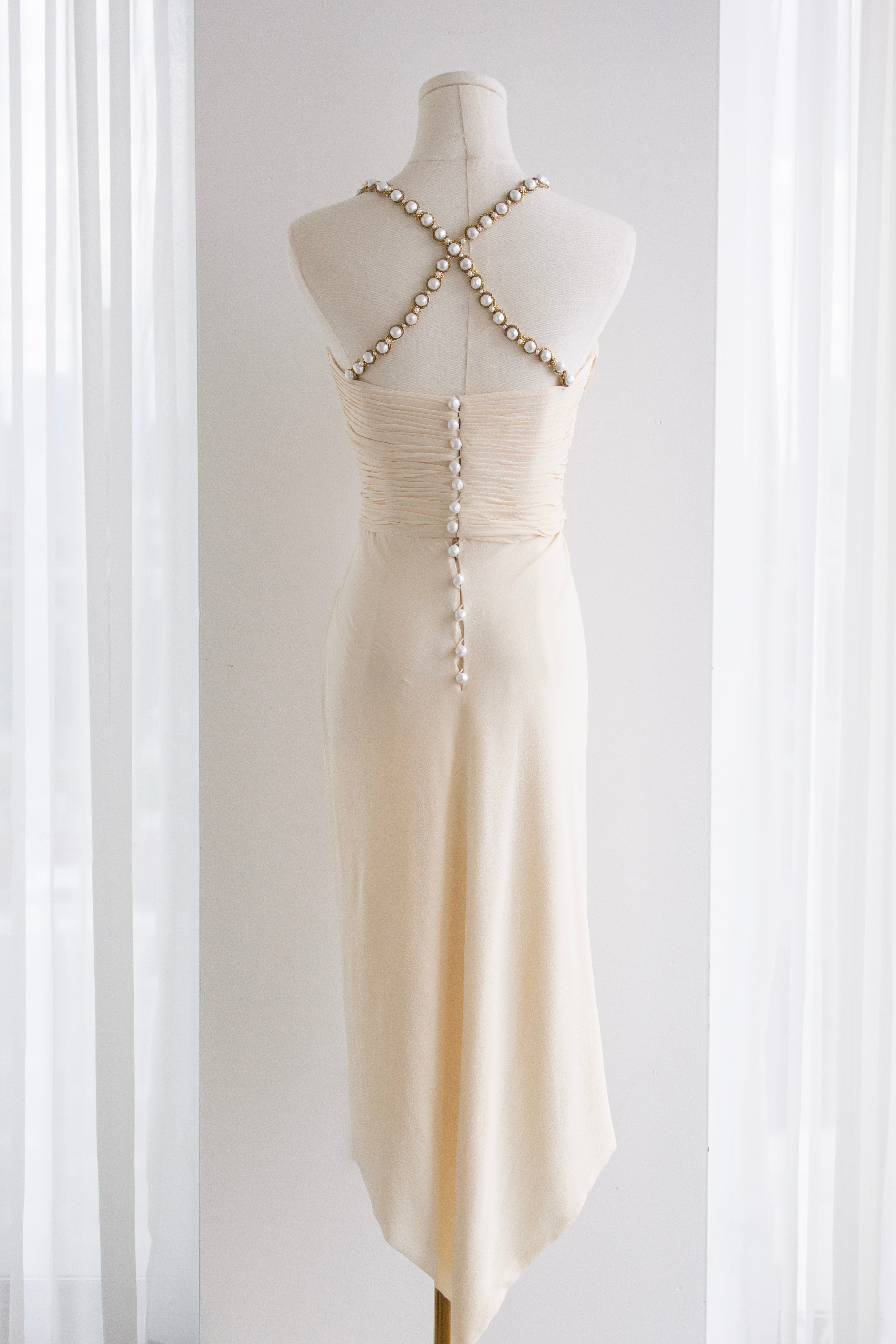 Chanel S/S 1990 Vintage Bridal Pearl Embellished Pleated Ivory Dress Gown