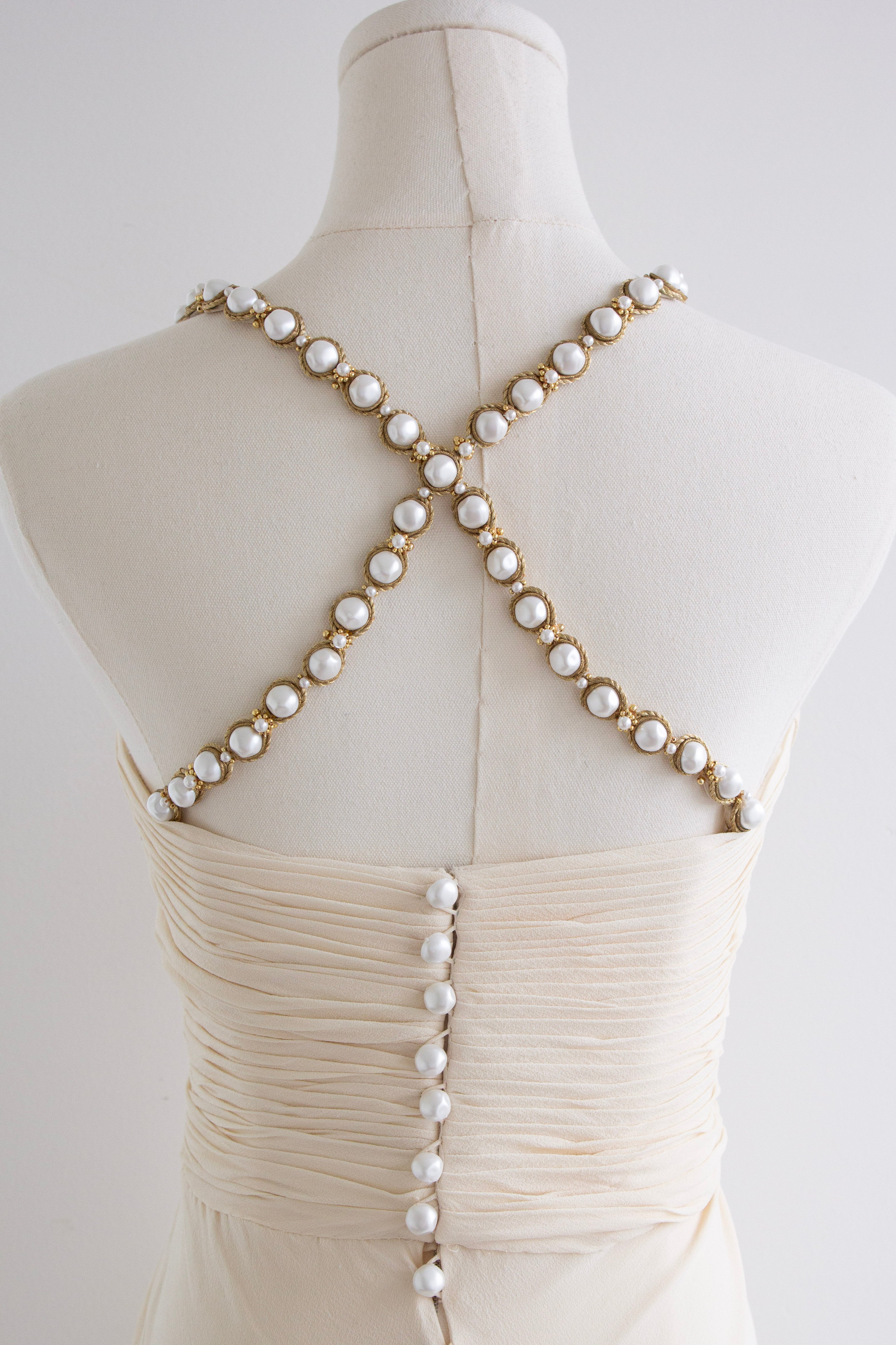 Chanel S/S 1990 Vintage Bridal Pearl Embellished Pleated Ivory Dress Gown