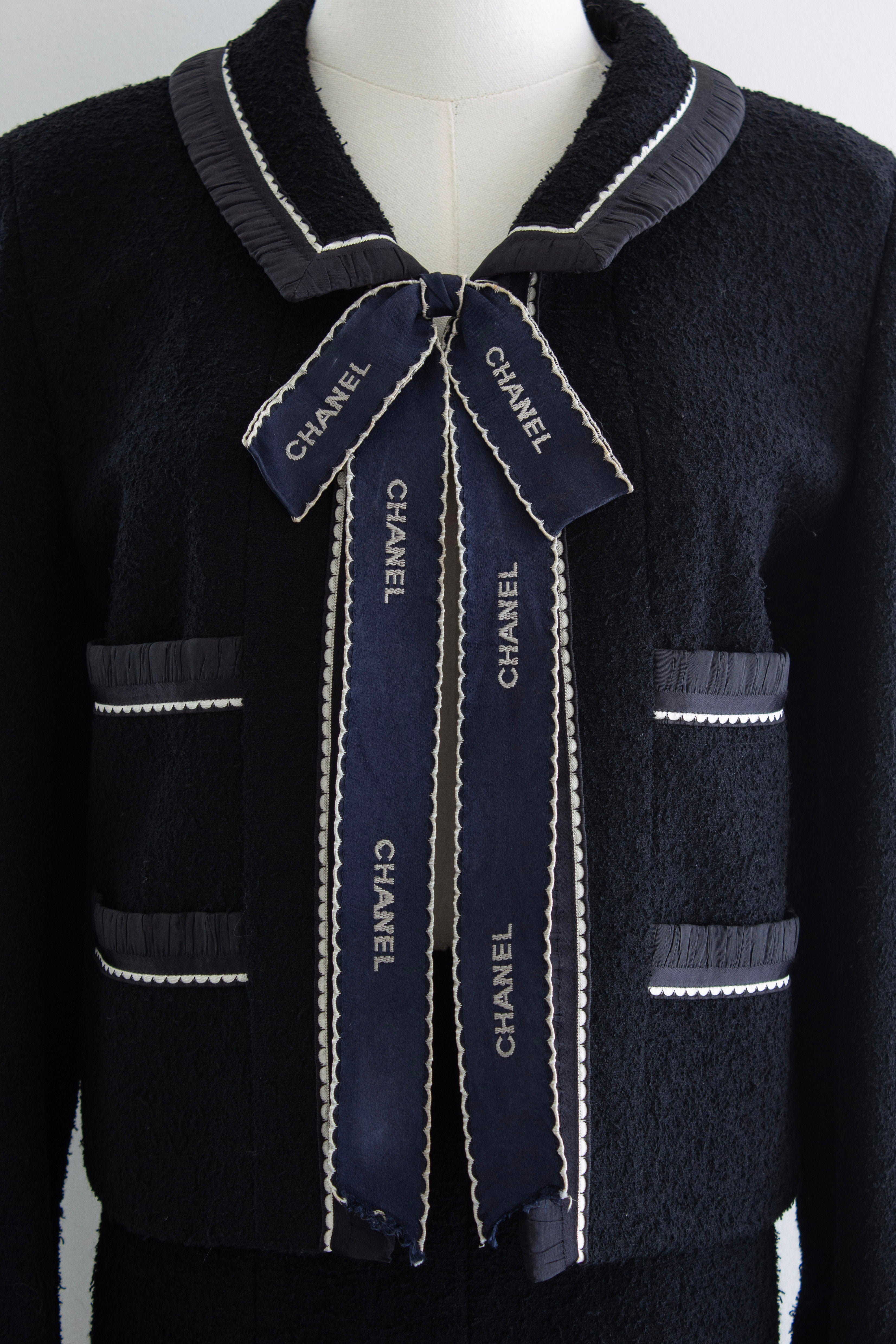 Chanel Vintage S/S1994 Black Navy Blue Logo Bow 94P Jacket Skirt Suit
