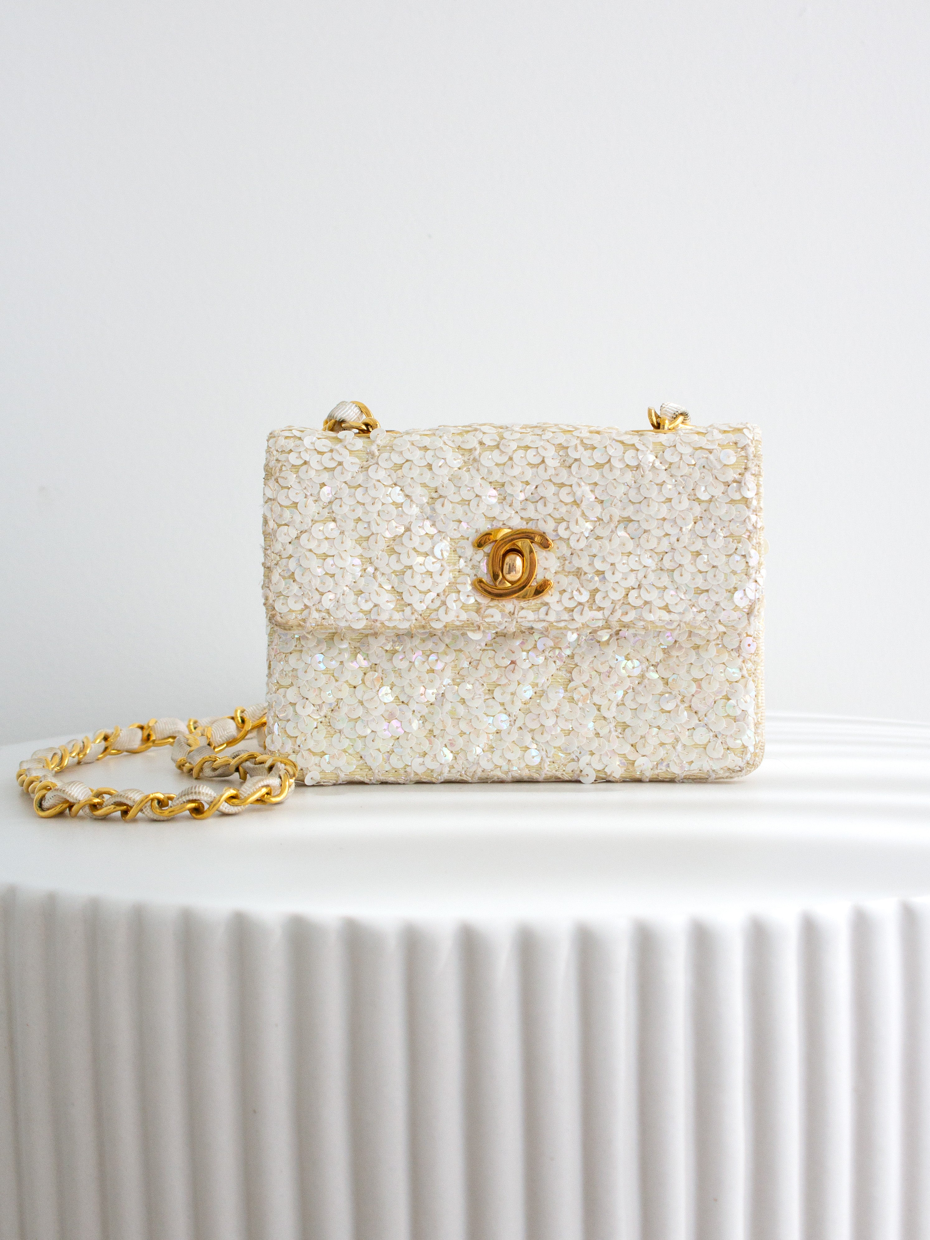 Chanel Vintage S/S 1991 Iridescent White 24K Gold Sequin Micro Mini Flap Bag