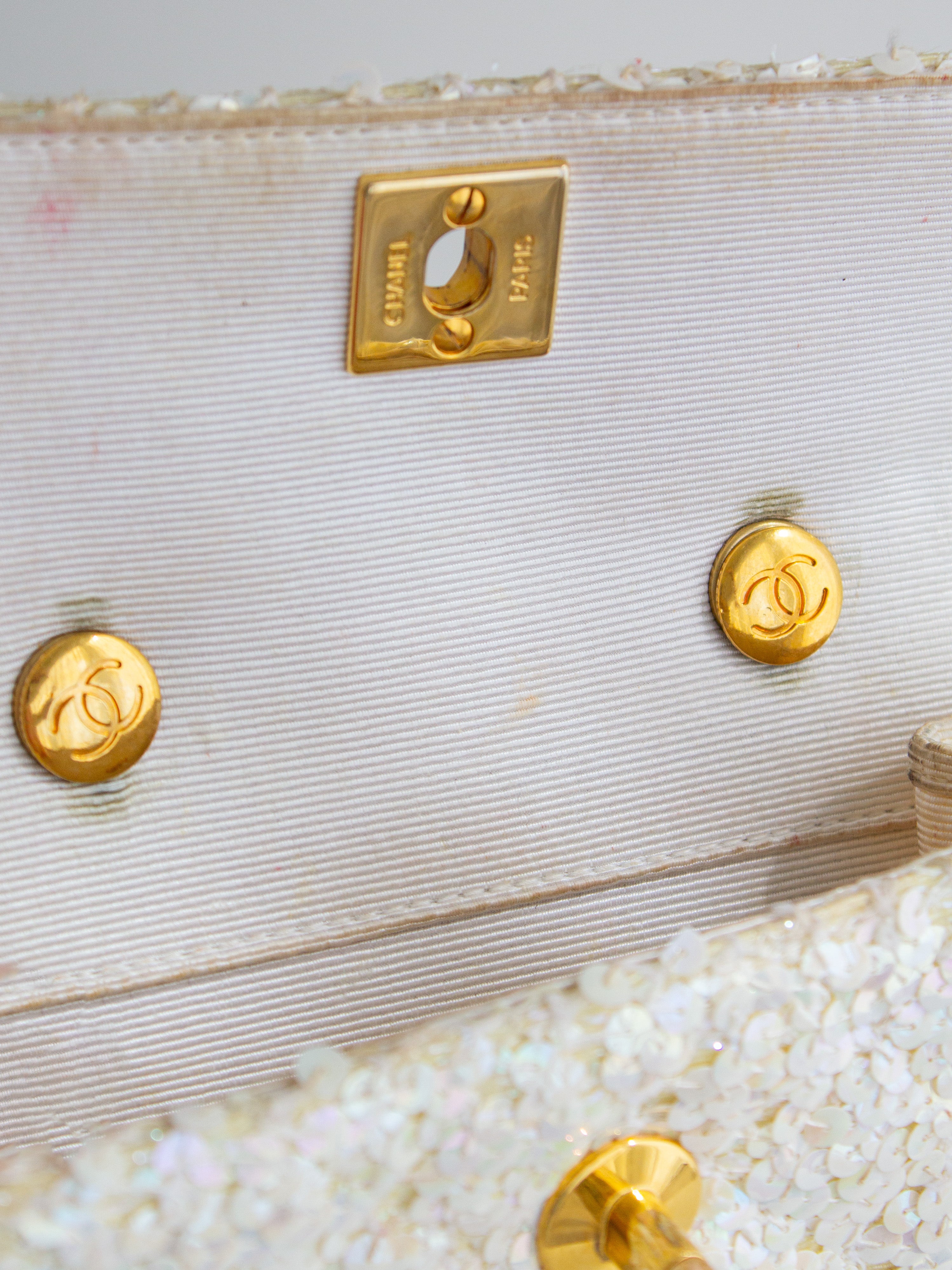Chanel Vintage S/S 1991 Iridescent White 24K Gold Sequin Micro Mini Flap Bag