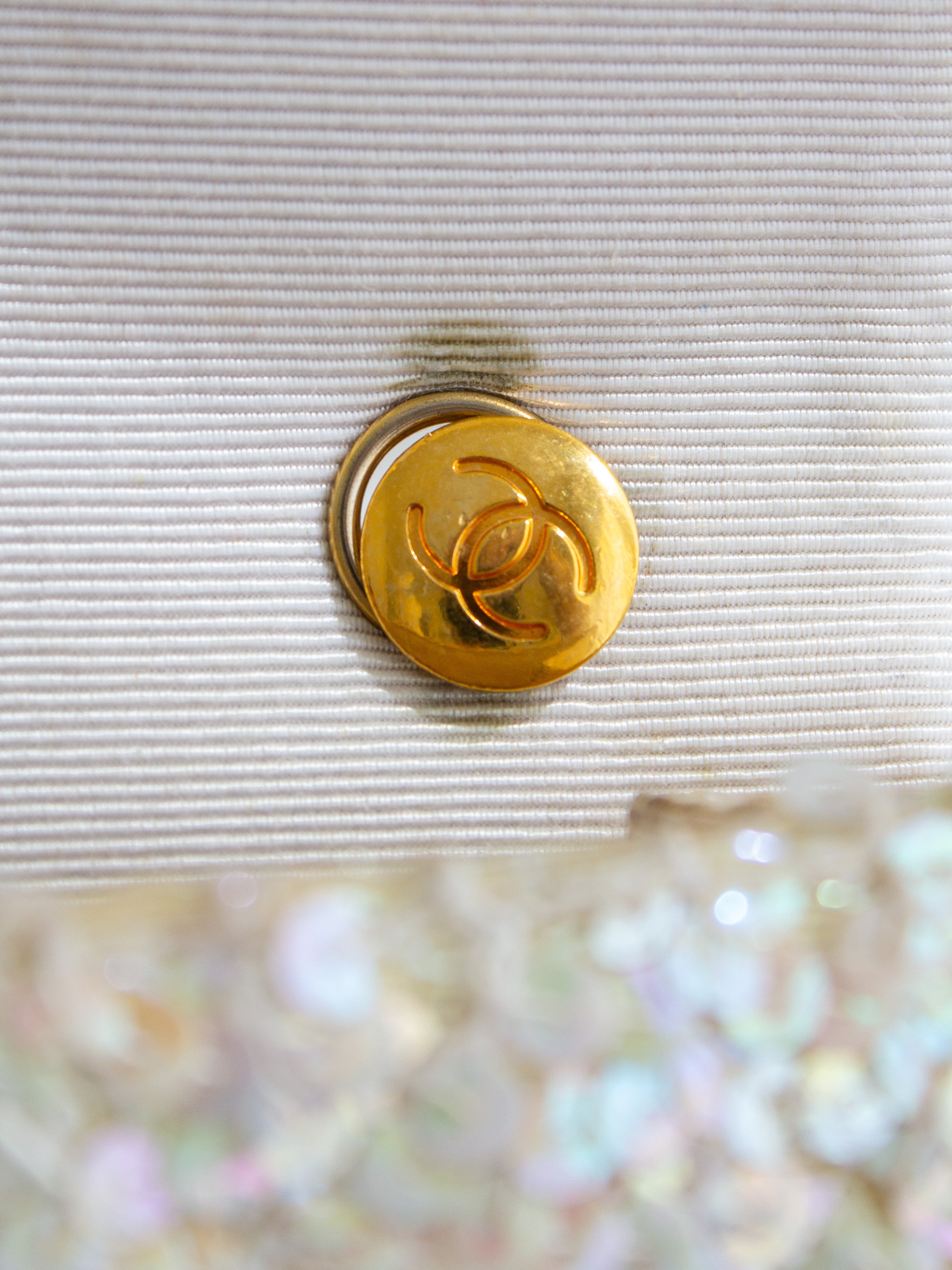 Chanel Vintage S/S 1991 Iridescent White 24K Gold Sequin Micro Mini Flap Bag