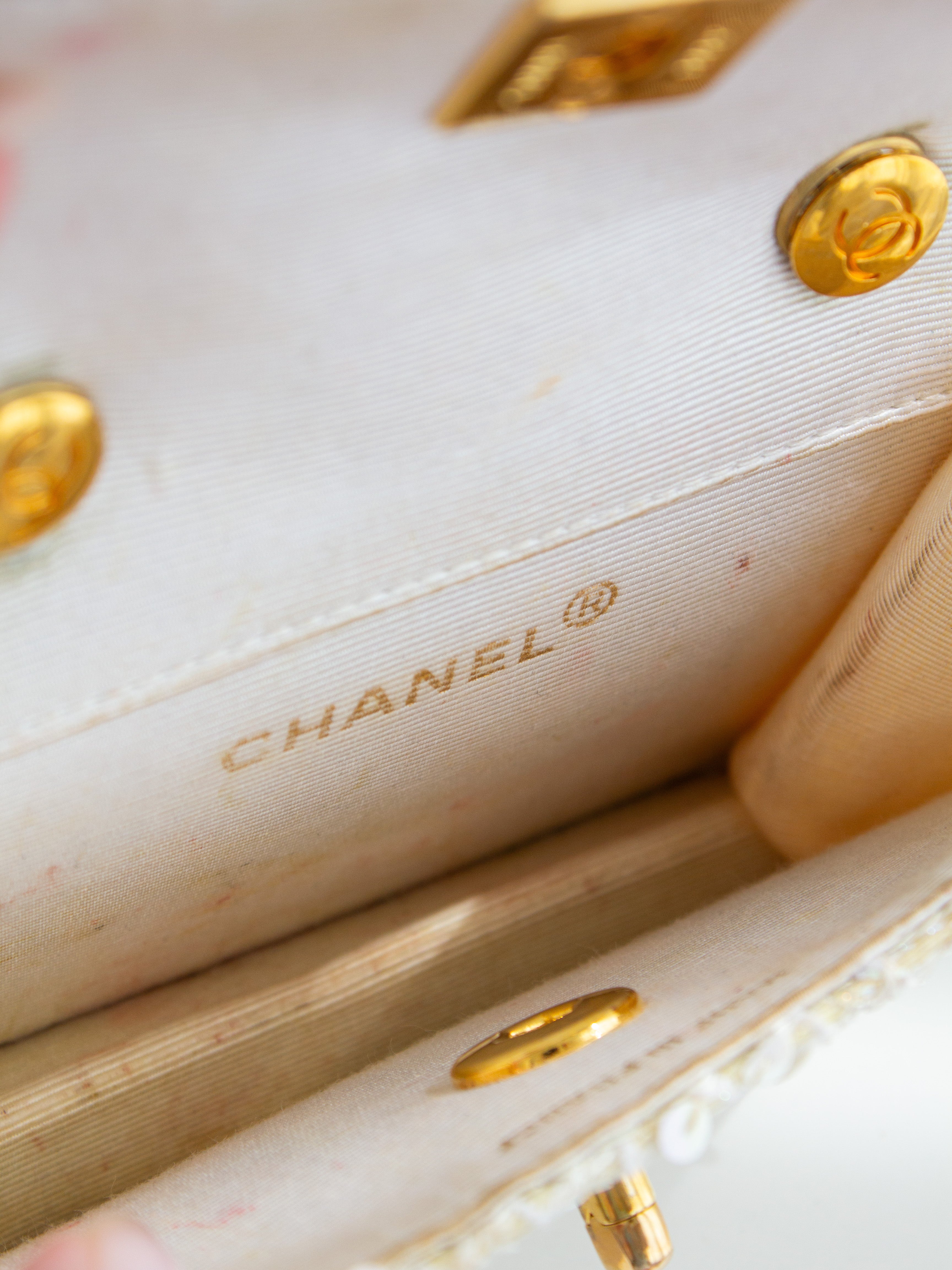 Chanel Vintage S/S 1991 Iridescent White 24K Gold Sequin Micro Mini Flap Bag