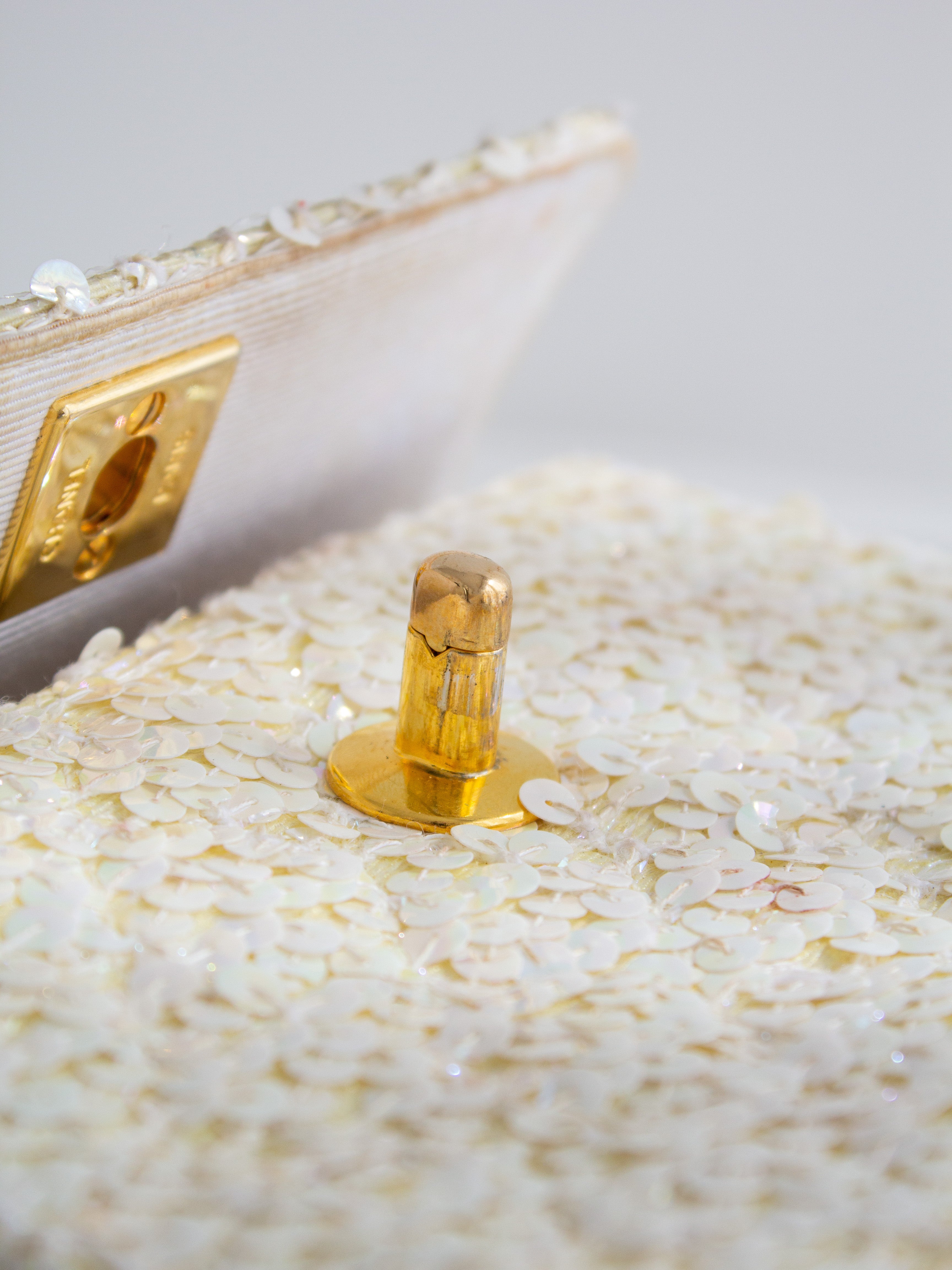 Chanel Vintage S/S 1991 Iridescent White 24K Gold Sequin Micro Mini Flap Bag