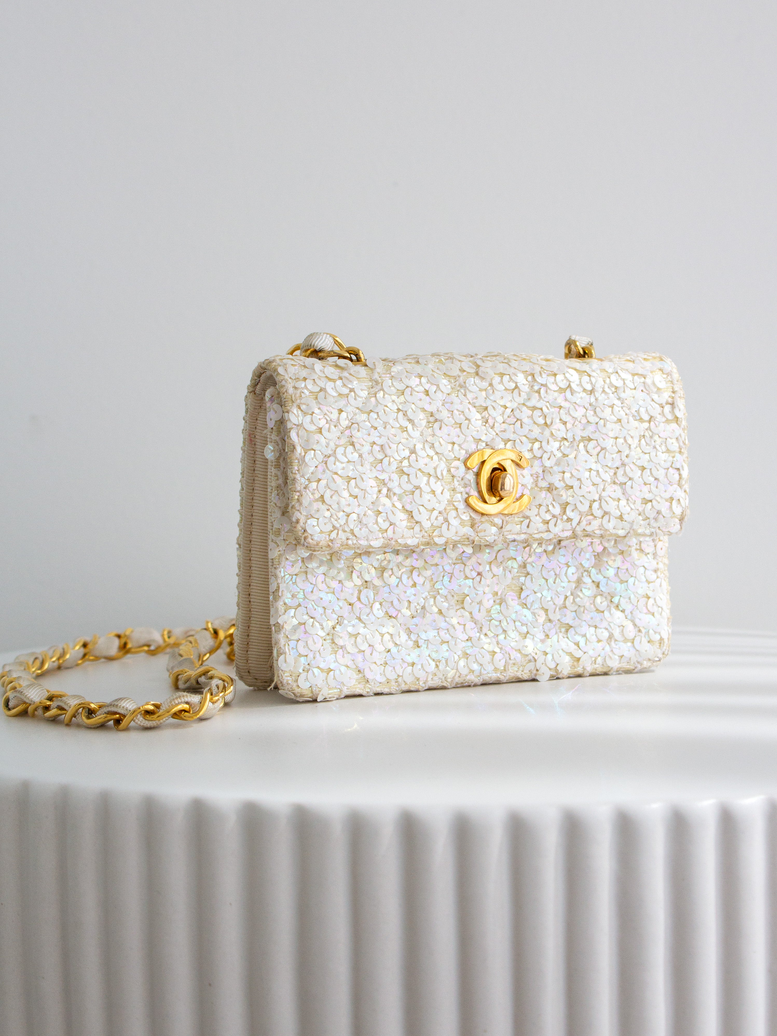 Chanel Vintage S/S 1991 Iridescent White 24K Gold Sequin Micro Mini Flap Bag