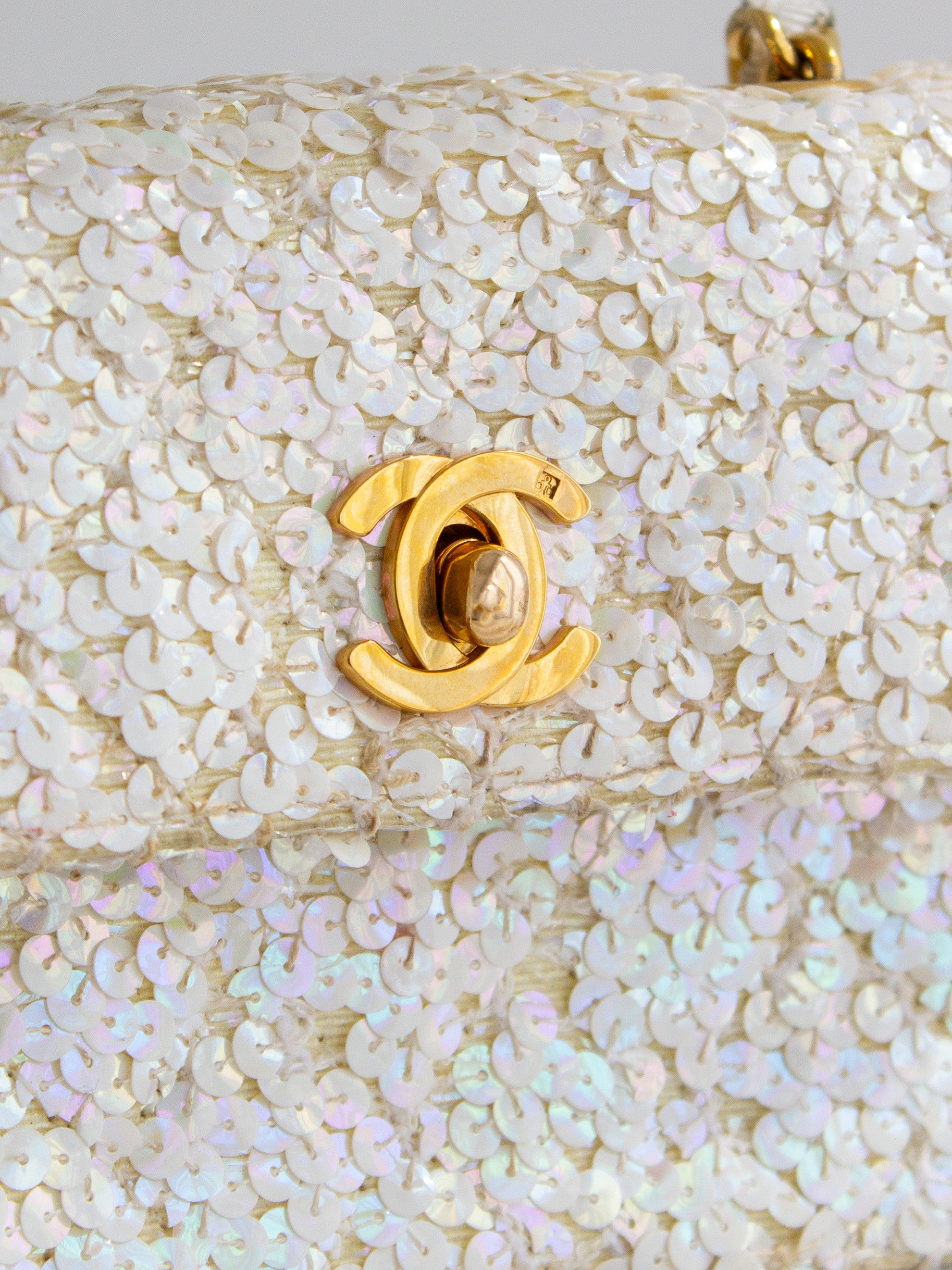 Chanel Vintage S/S 1991 Iridescent White 24K Gold Sequin Micro Mini Flap Bag