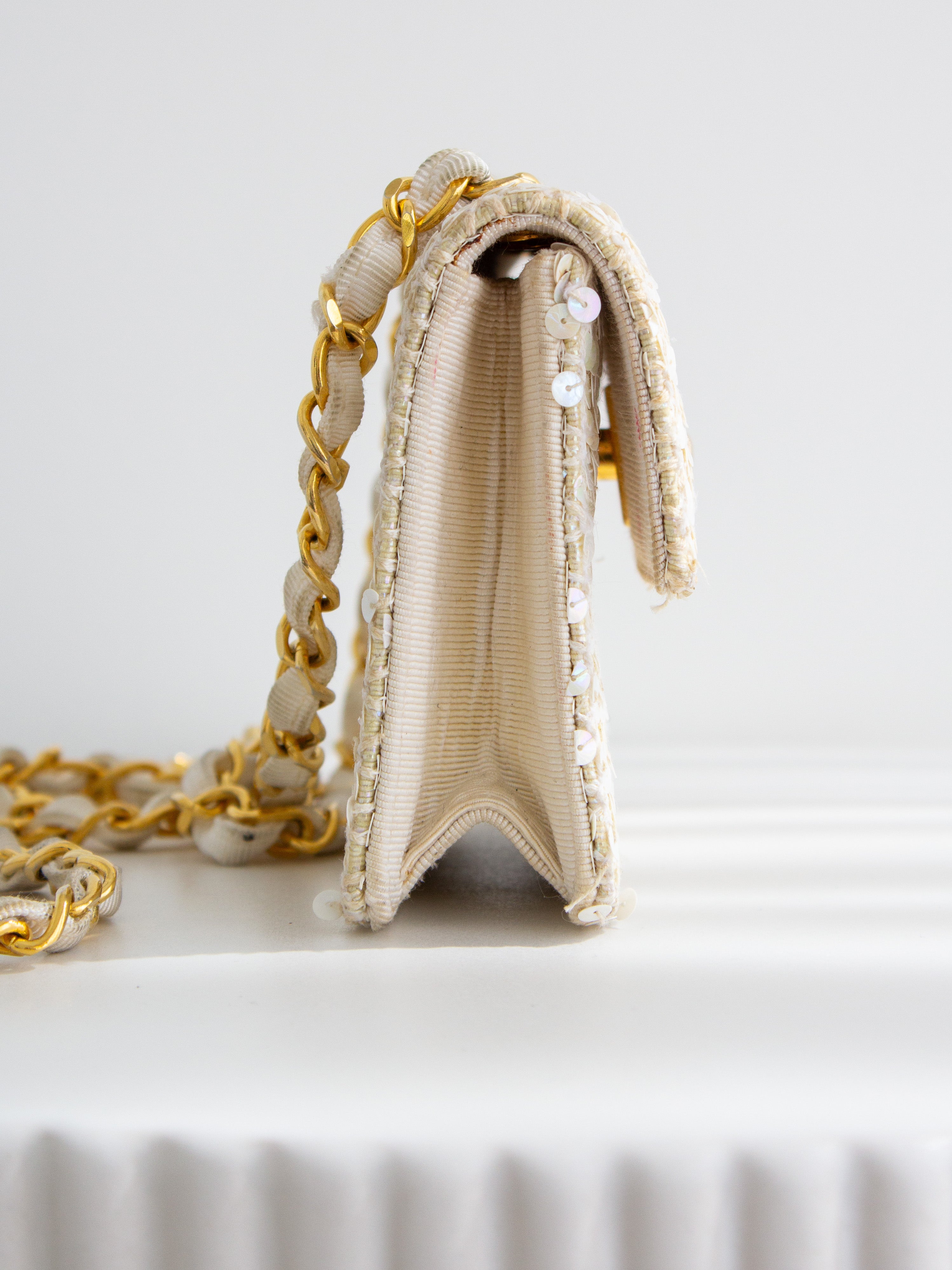 Chanel Vintage S/S 1991 Iridescent White 24K Gold Sequin Micro Mini Flap Bag