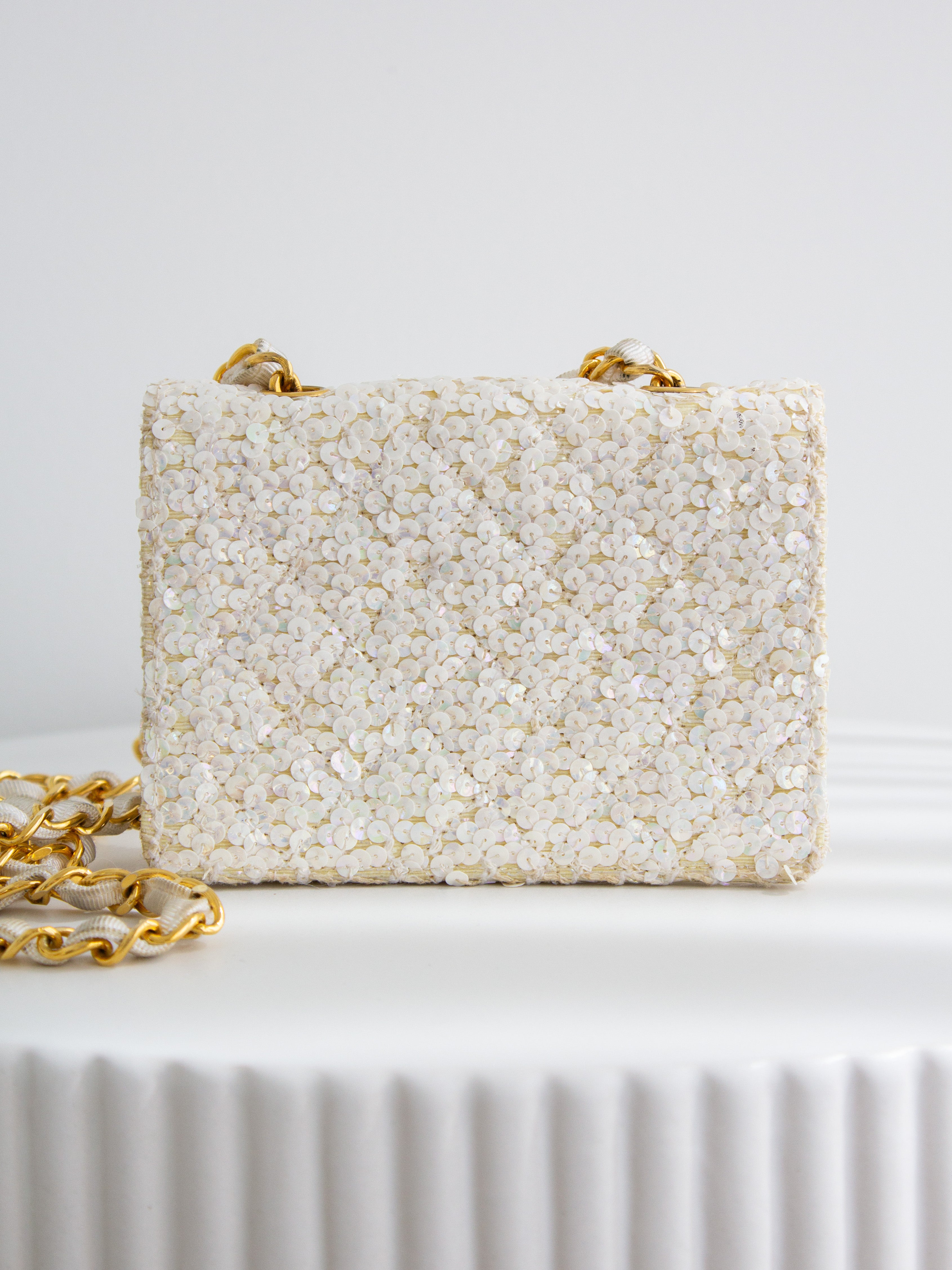 Chanel Vintage S/S 1991 Iridescent White 24K Gold Sequin Micro Mini Flap Bag