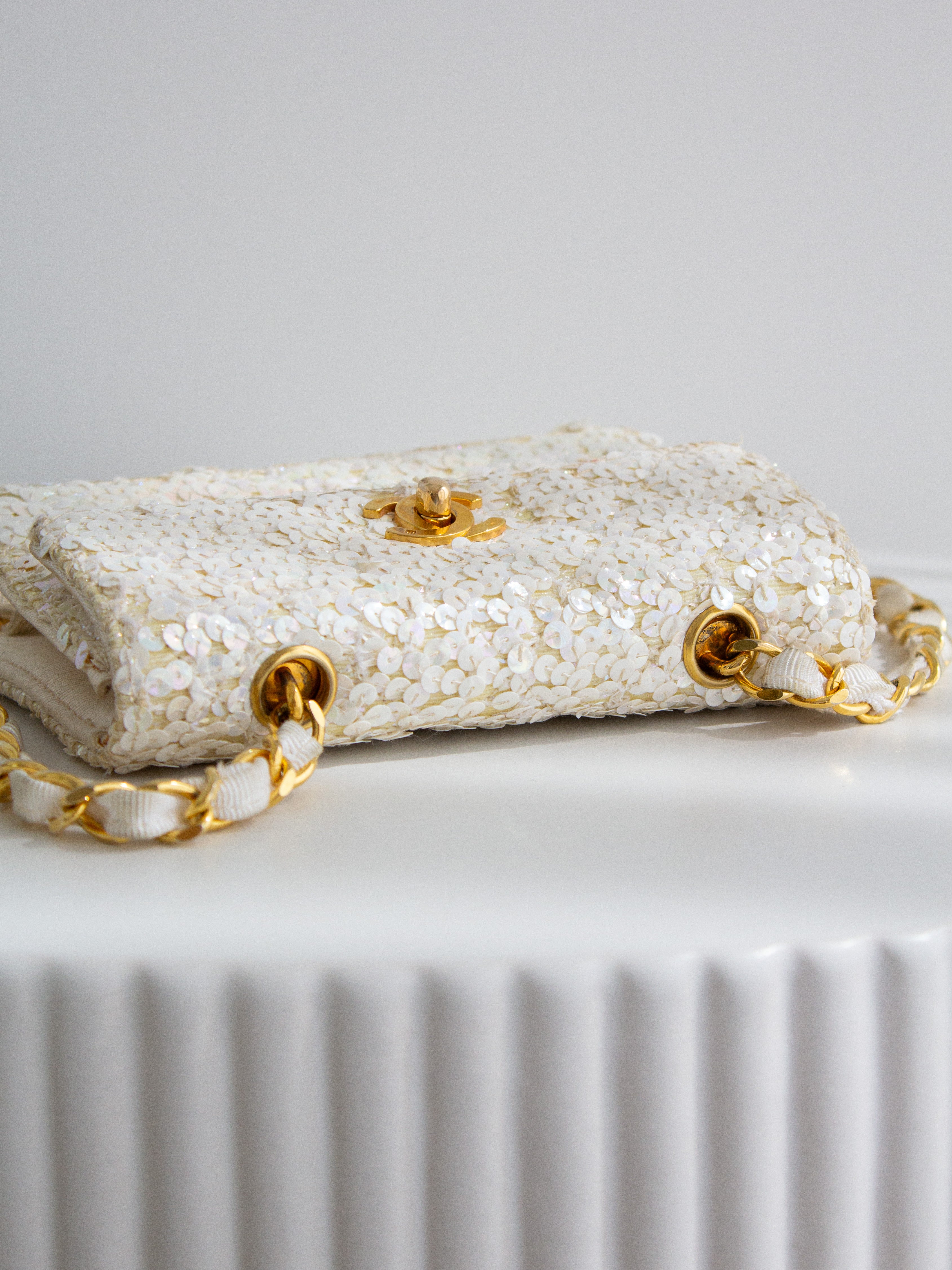 Chanel Vintage S/S 1991 Iridescent White 24K Gold Sequin Micro Mini Flap Bag