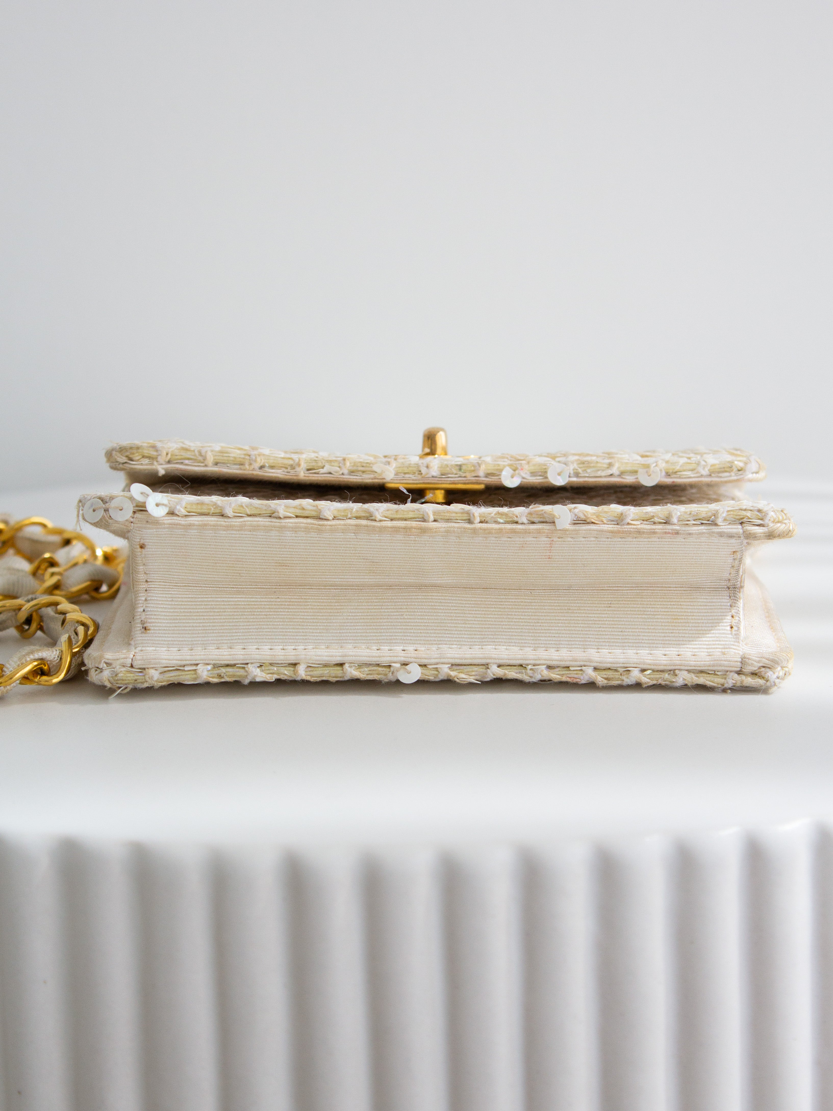 Chanel Vintage S/S 1991 Iridescent White 24K Gold Sequin Micro Mini Flap Bag