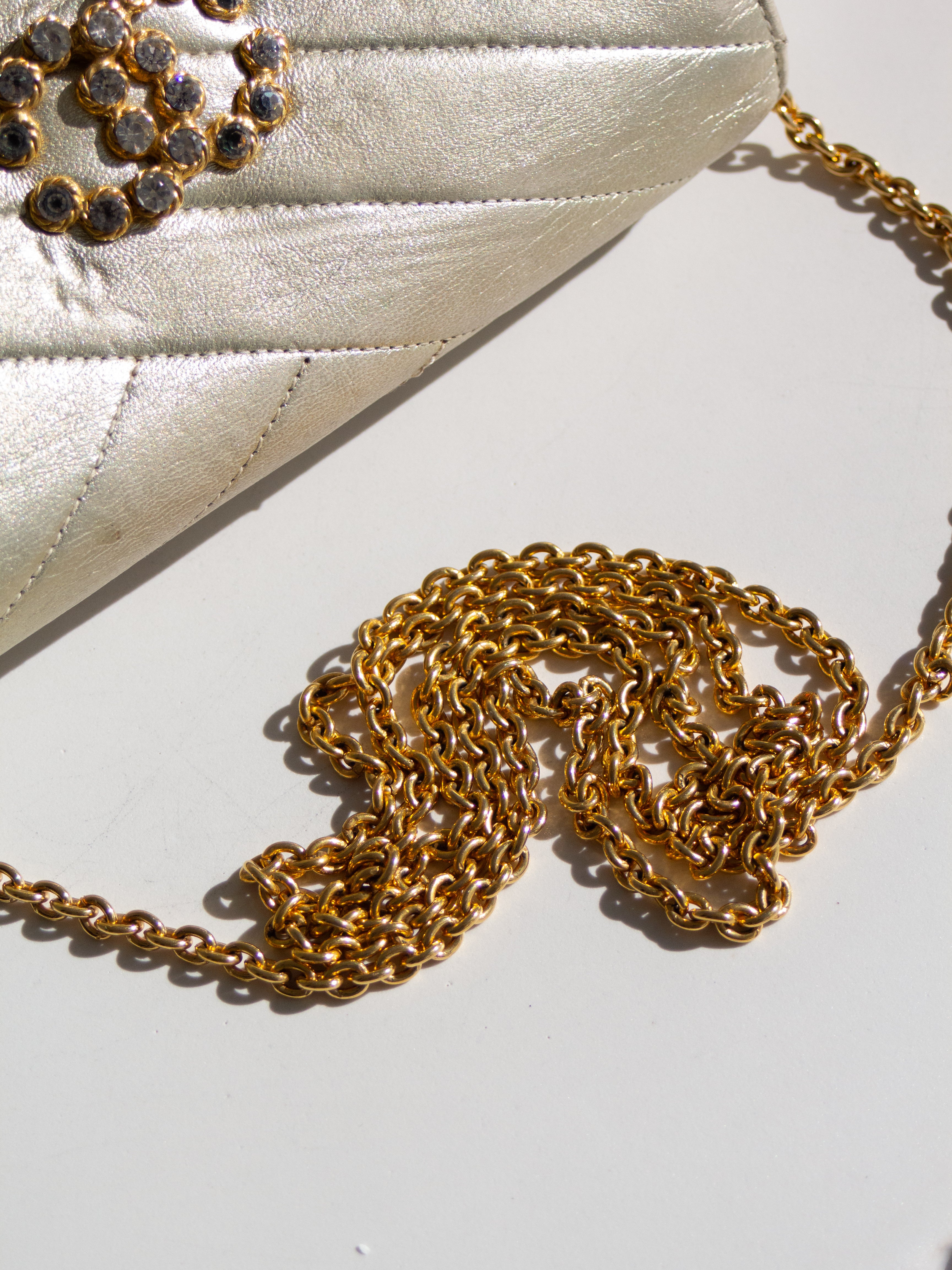 Chanel Vintage 1992 Gold Crystal Embellished CC Lambskin Bias Clutch Bag