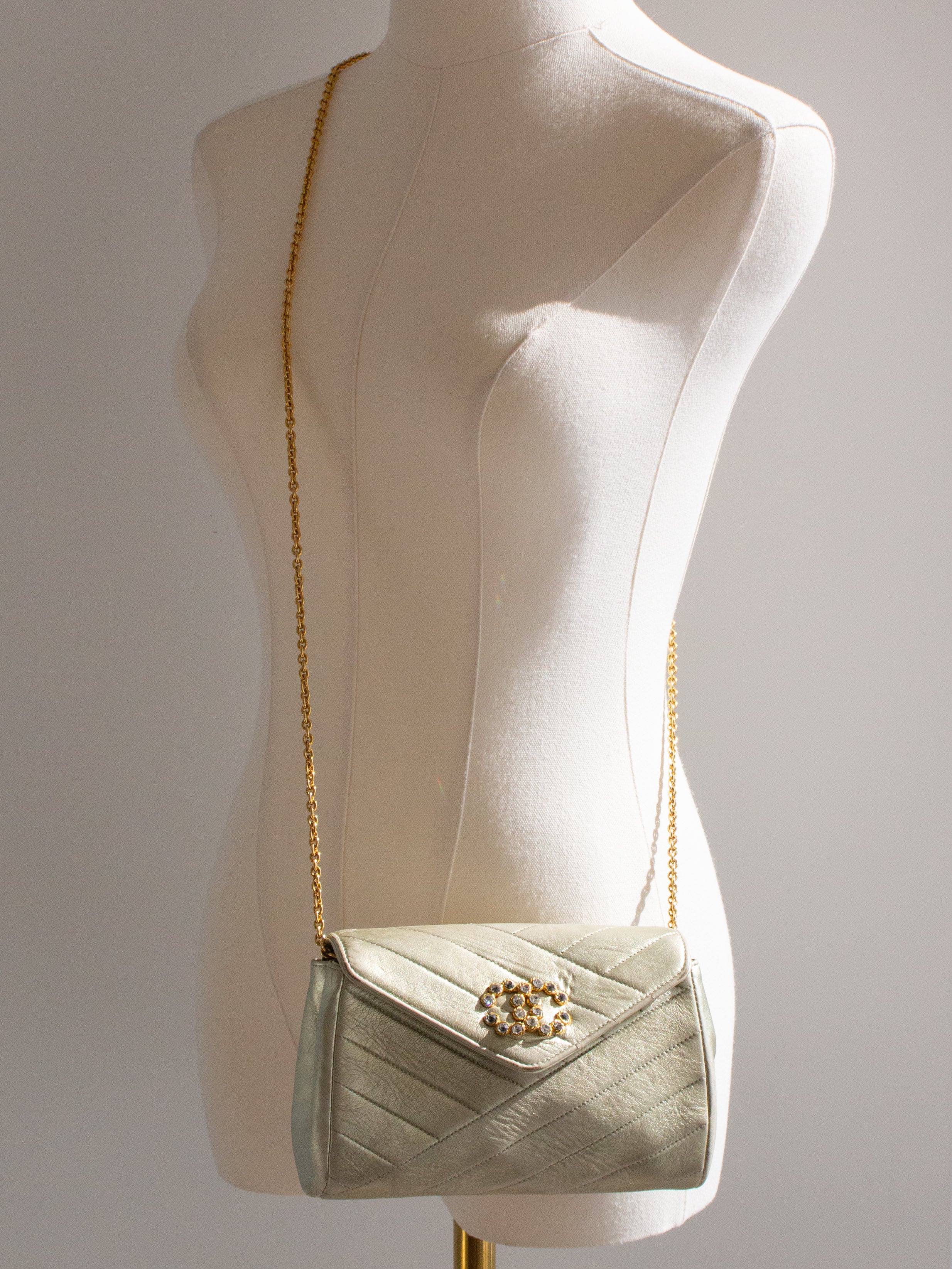 Chanel Vintage 1992 Gold Crystal Embellished CC Lambskin Bias Clutch Bag