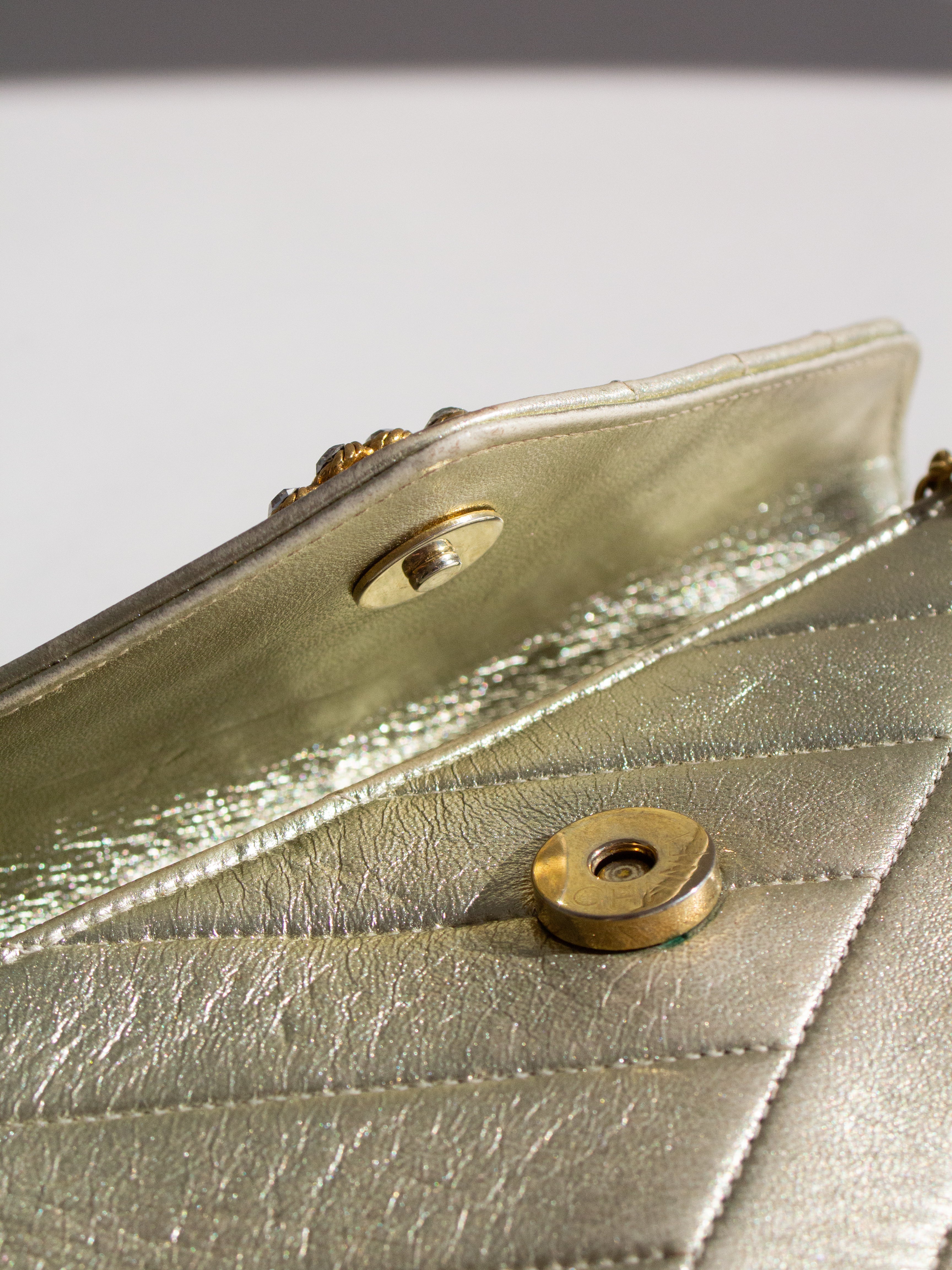 Chanel Vintage 1992 Gold Crystal Embellished CC Lambskin Bias Clutch Bag