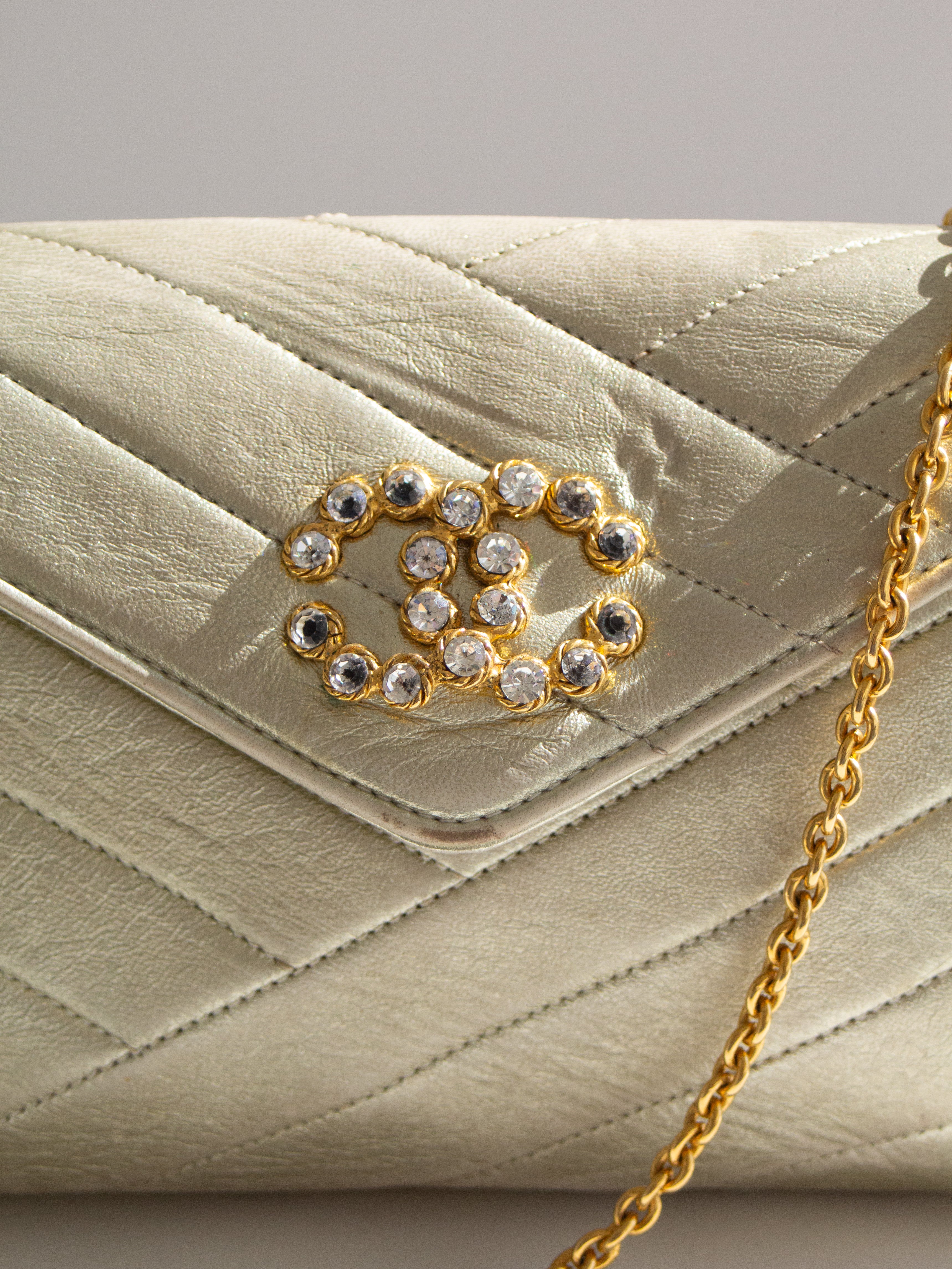 Chanel Vintage 1992 Gold Crystal Embellished CC Lambskin Bias Clutch Bag