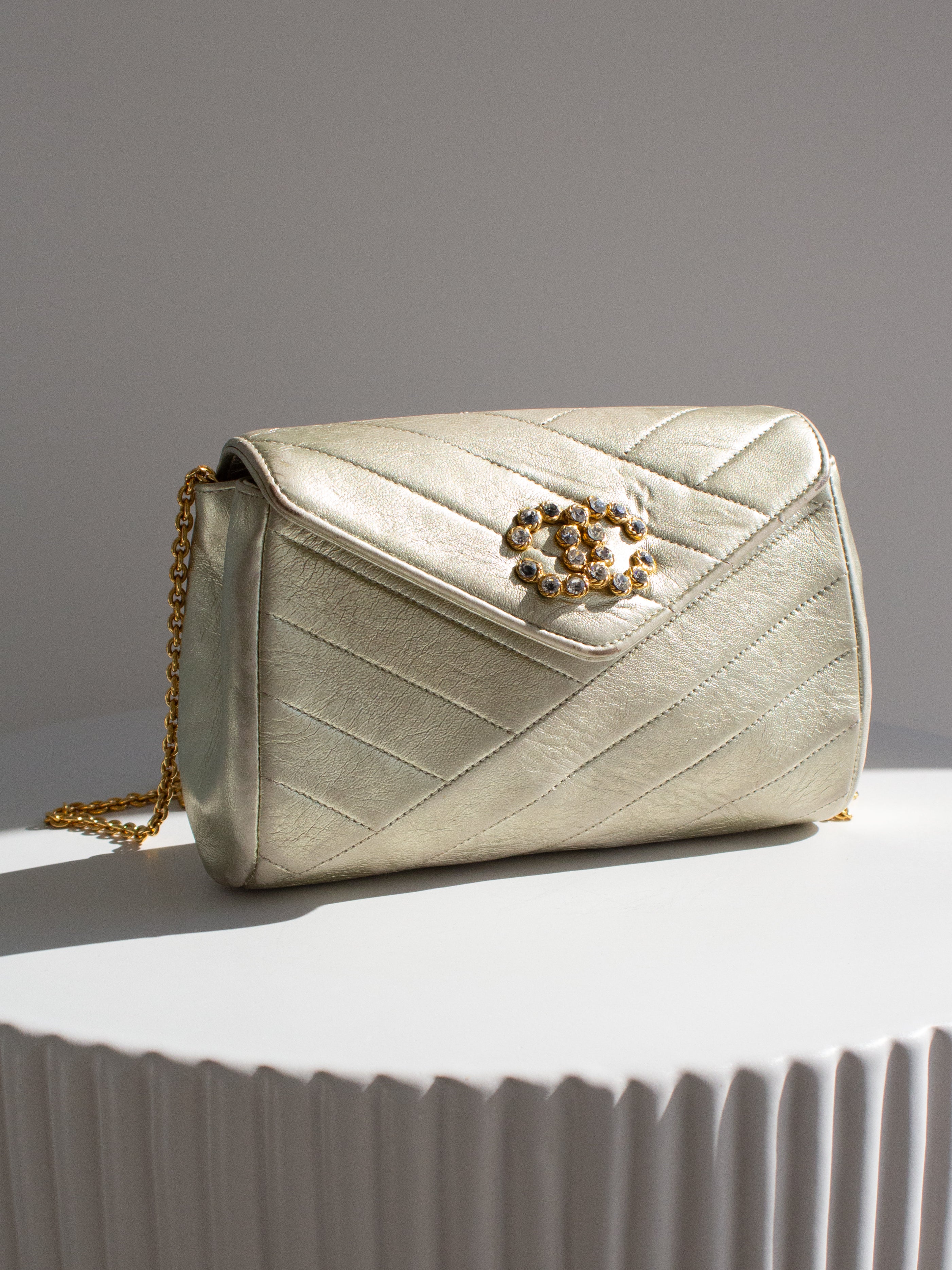 Chanel Vintage 1992 Gold Crystal Embellished CC Lambskin Bias Clutch Bag