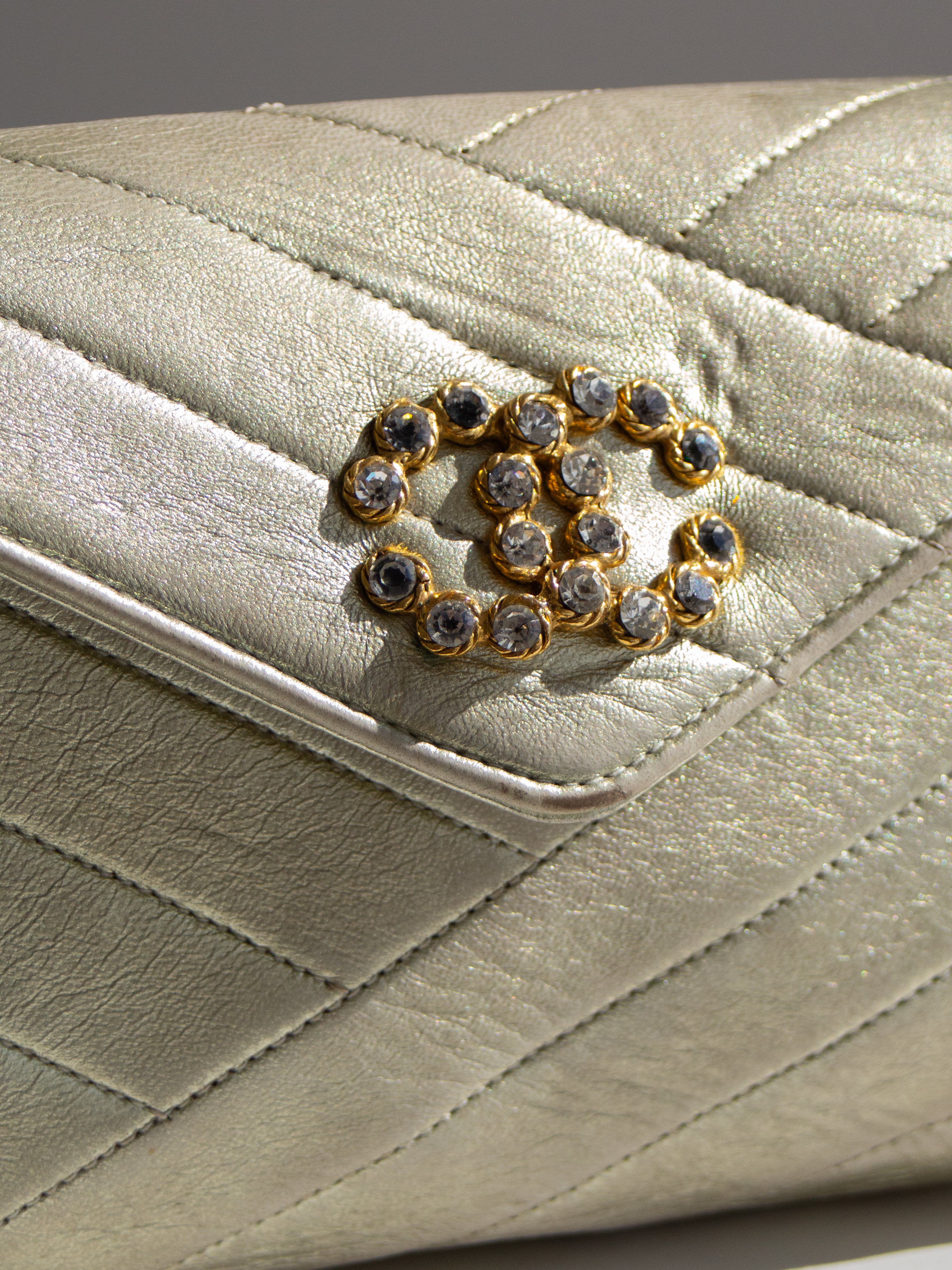 Chanel Vintage 1992 Gold Crystal Embellished CC Lambskin Bias Clutch Bag