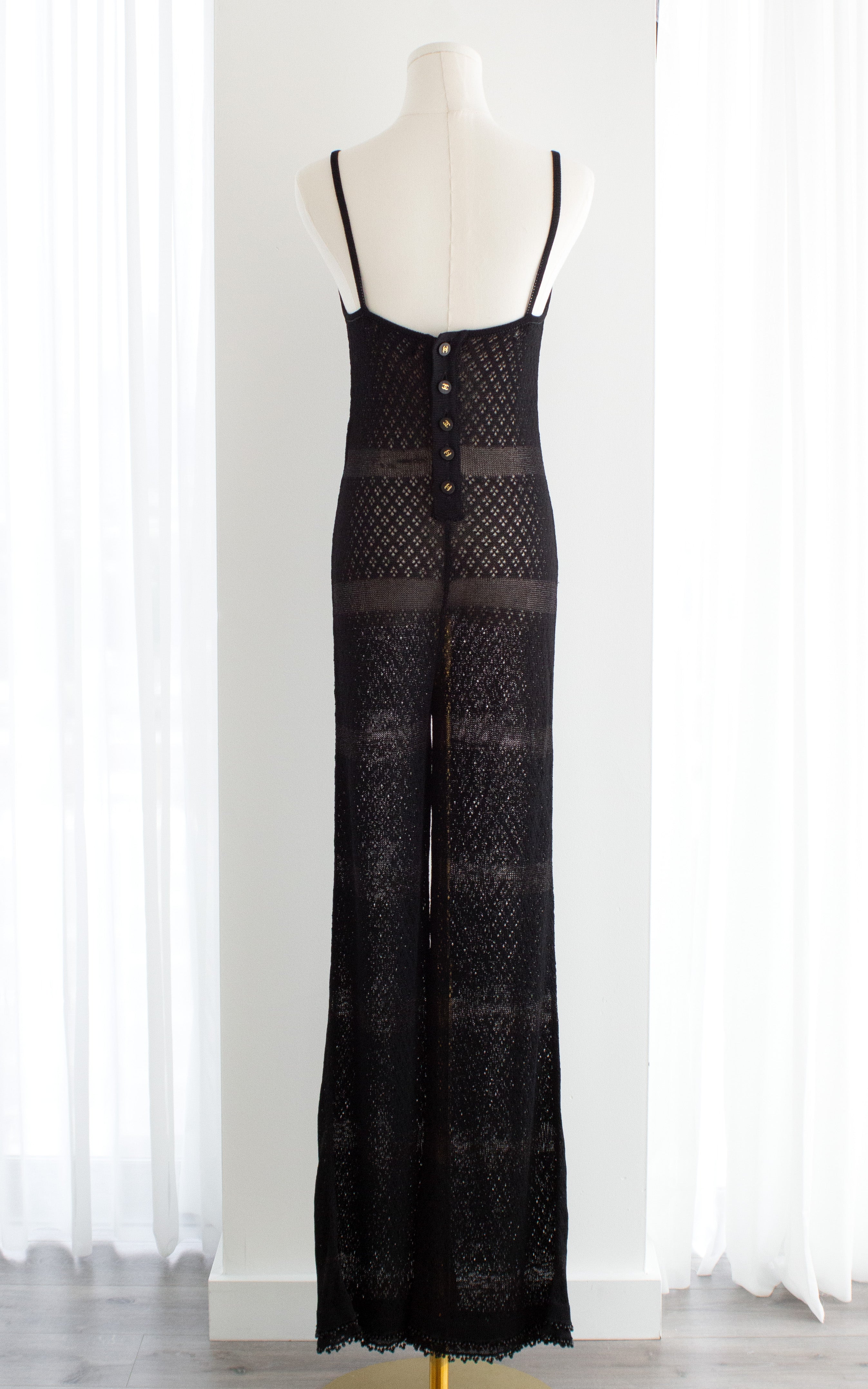 Chanel Vintage S/S 1995 Barbie Black Knit Crochet Pearl 95P Jumpsuit