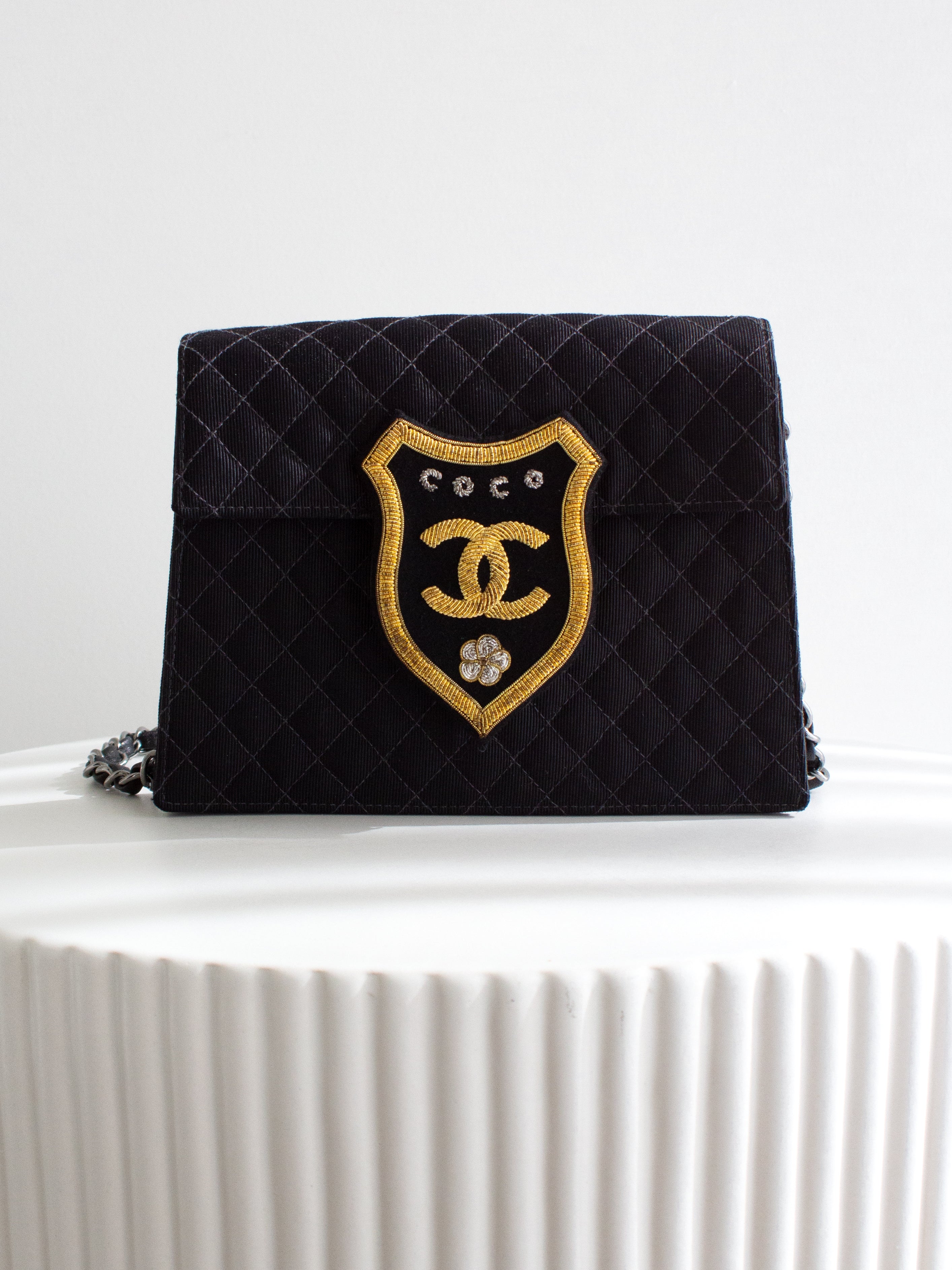 Chanel Cruise 2005 Trapeze Quilted Black Coco CC Camellia Crest 05C Mini Bag