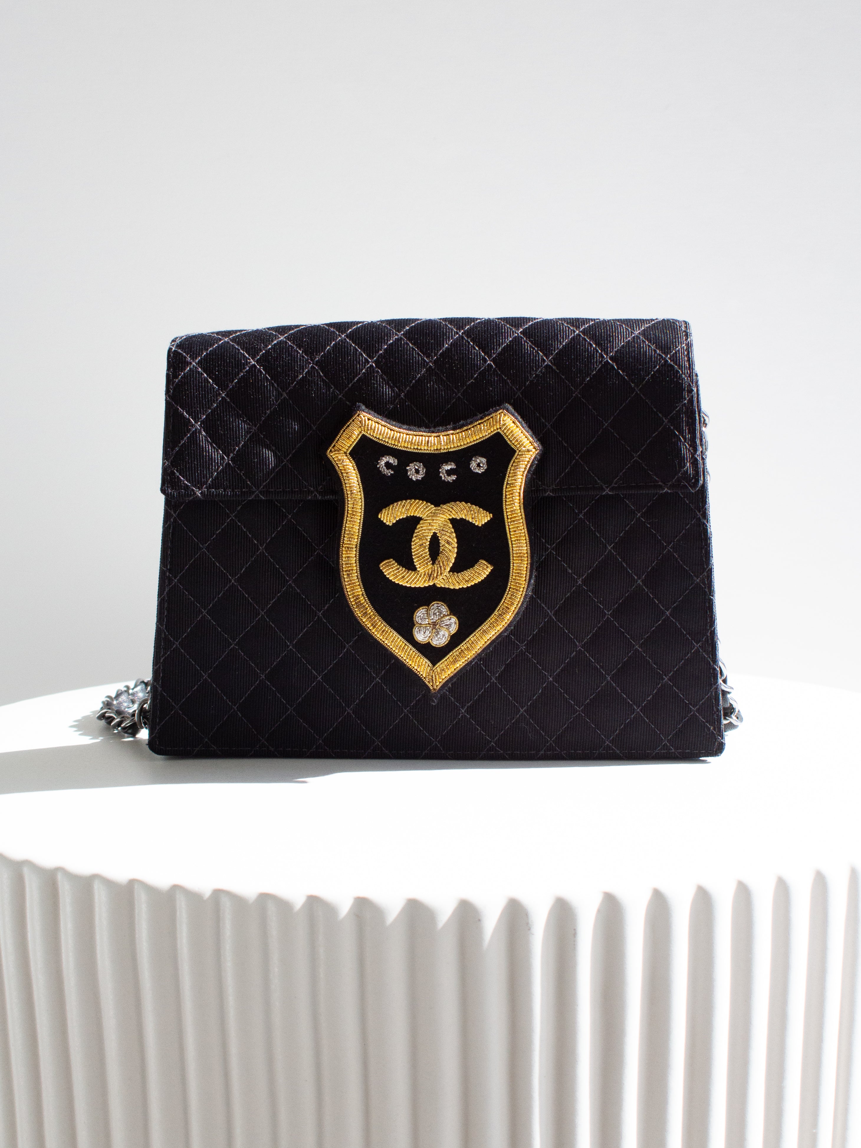 Chanel Cruise 2005 Trapeze Quilted Black Coco CC Camellia Crest 05C Mini Bag