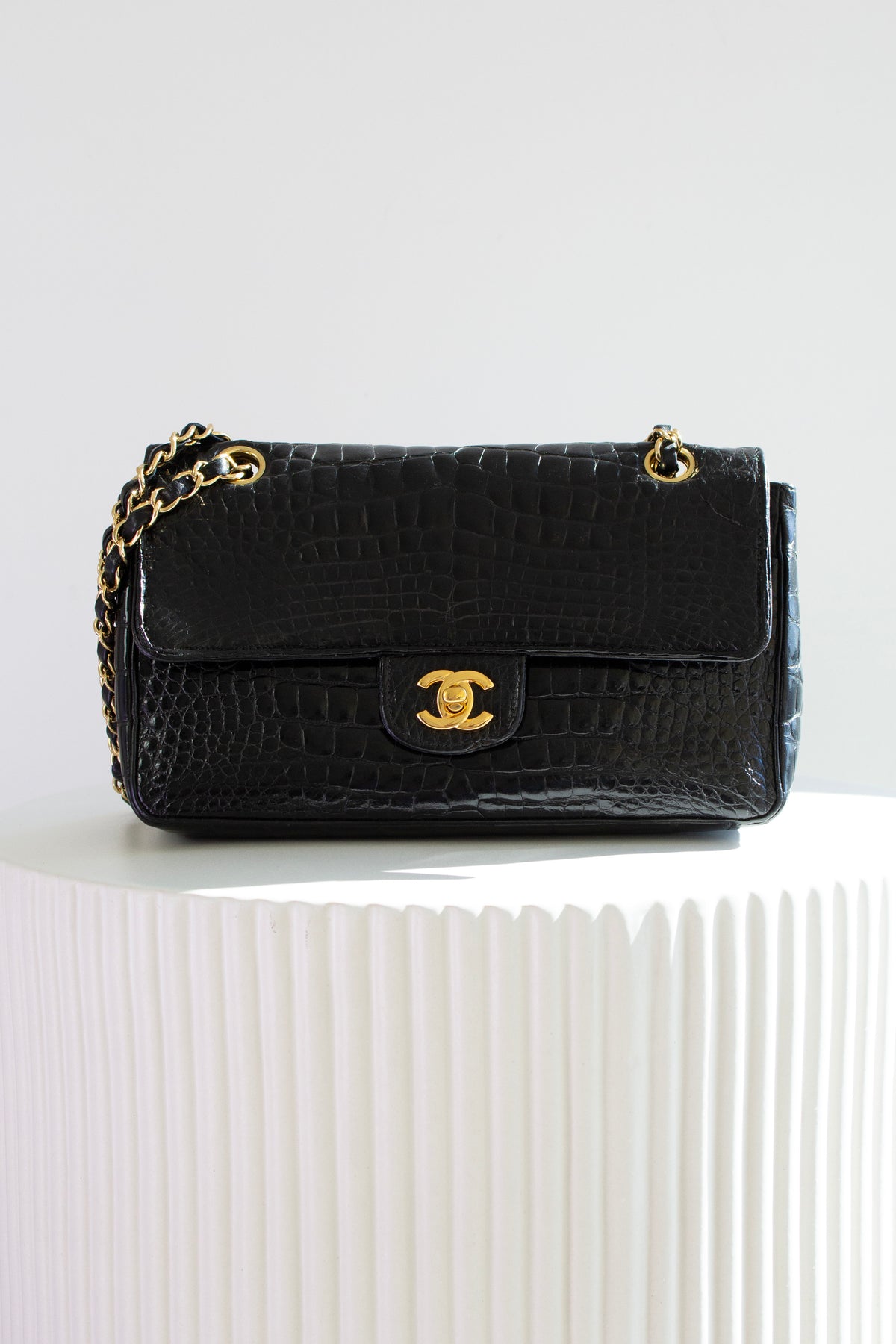 Chanel Vintage Black Alligator Leather 24K Gold-Plated Medium Classic Flap Bag