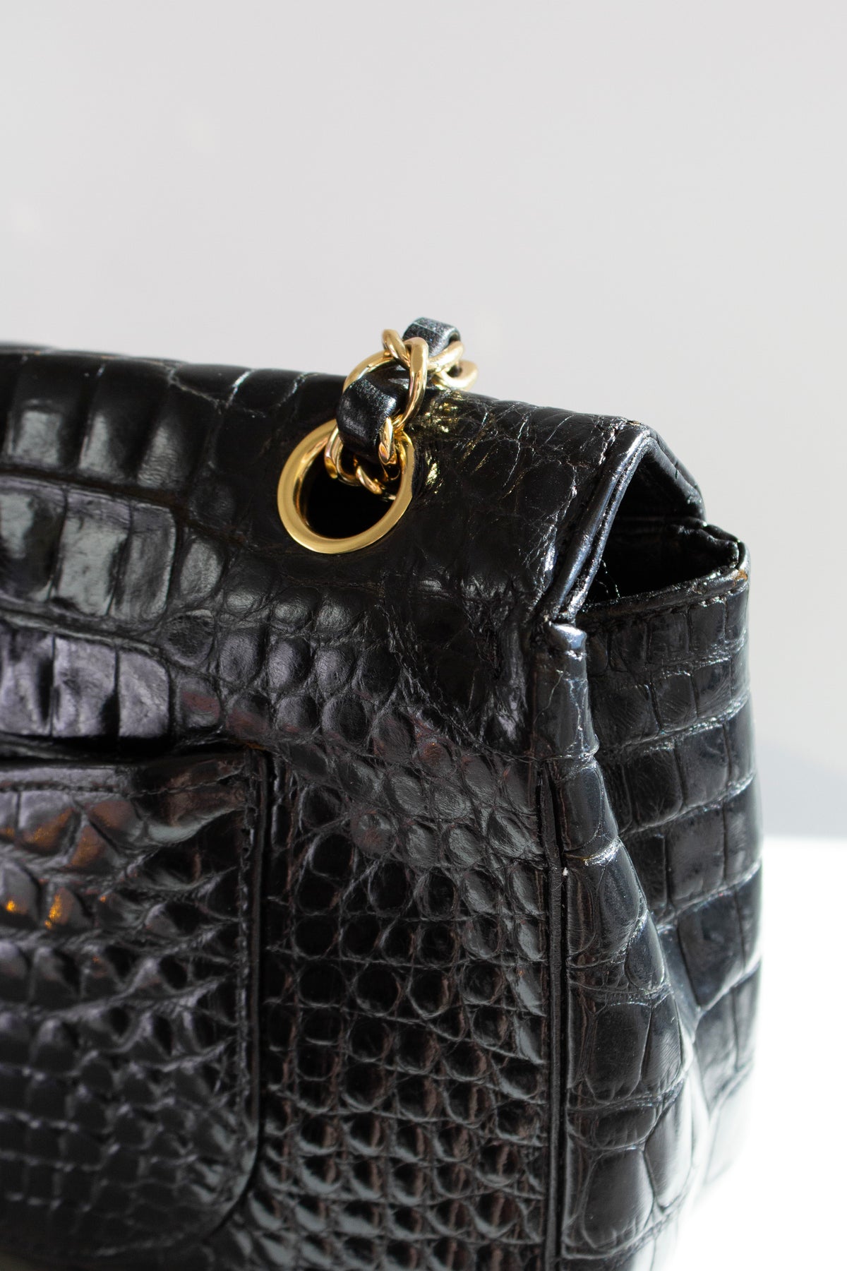 Chanel Vintage Black Alligator Leather 24K Gold-Plated Medium Classic Flap Bag