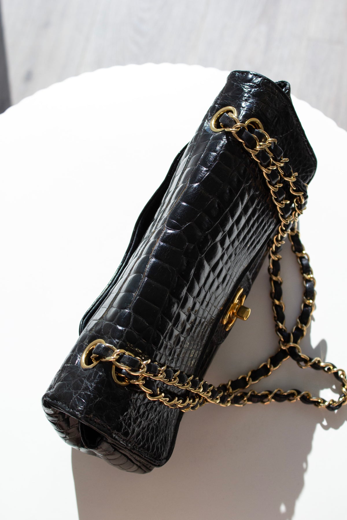 Chanel Vintage Black Alligator Leather 24K Gold-Plated Medium Classic Flap Bag