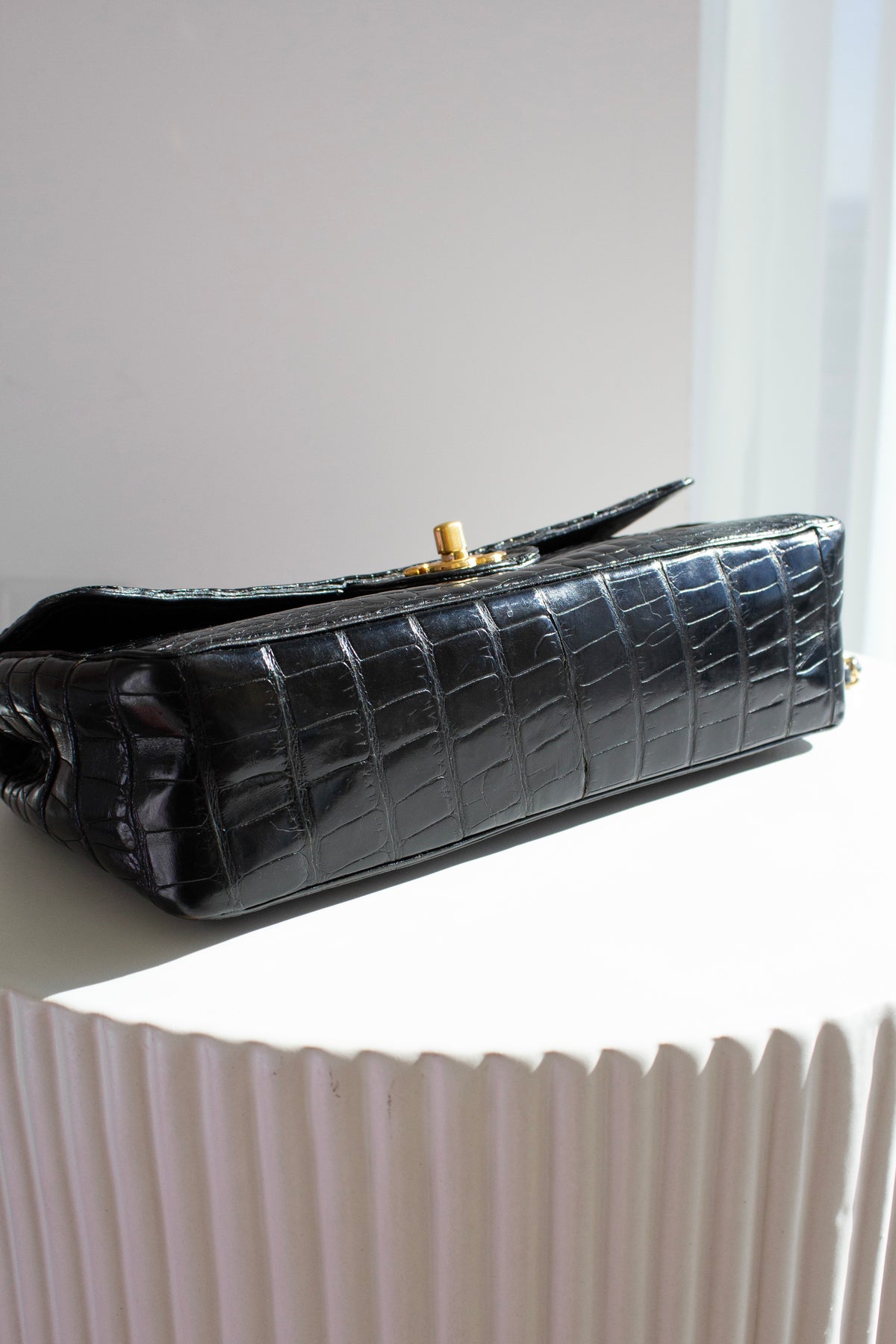 Chanel Vintage Black Alligator Leather 24K Gold-Plated Medium Classic Flap Bag