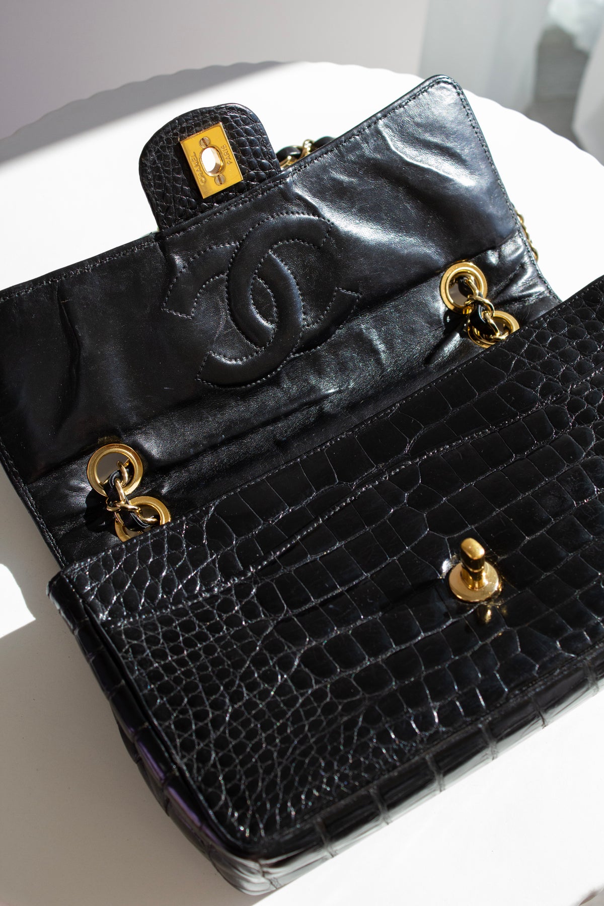 Chanel Vintage Black Alligator Leather 24K Gold-Plated Medium Classic Flap Bag