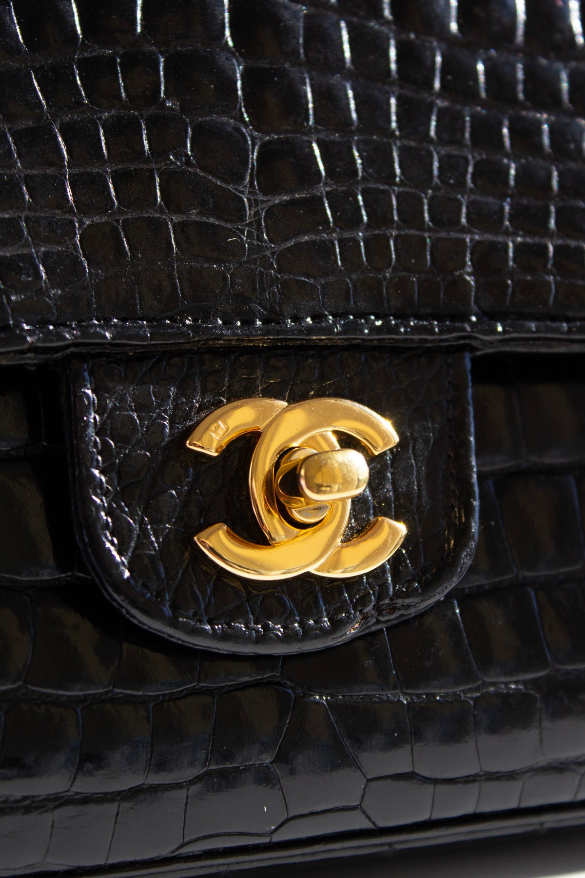 Chanel Vintage Black Alligator Leather 24K Gold-Plated Medium Classic Flap Bag
