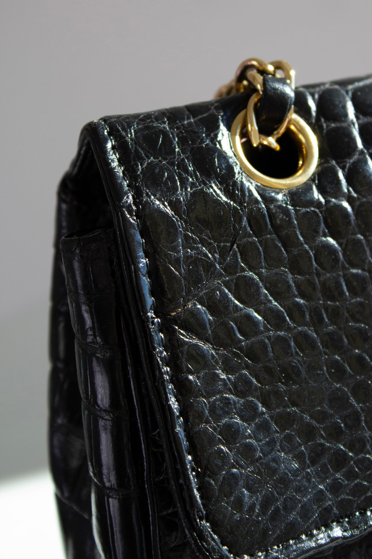 Chanel Vintage Black Alligator Leather 24K Gold-Plated Medium Classic Flap Bag